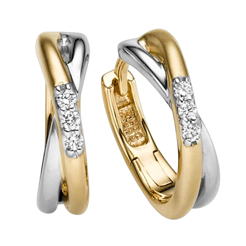 een paar 14 krt wit met geelgouden creolen model cross-over met 6 diamantjes briljant geslepen totaal 0.06 crt G SI.