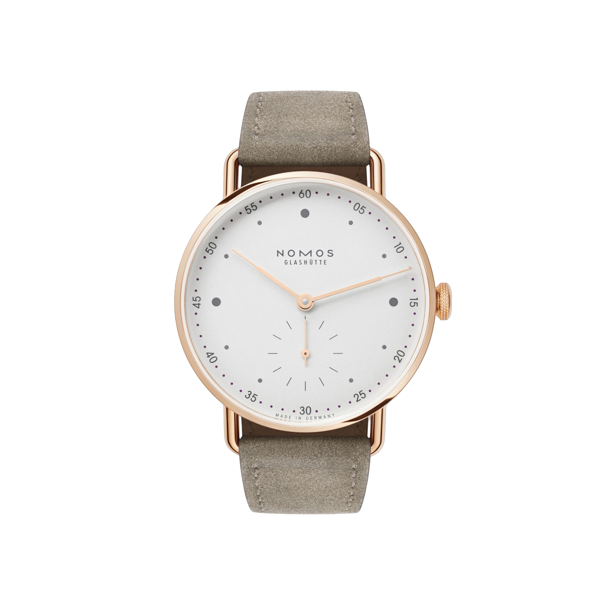 De Nomos Metro 1170 in roségoud heeft een minimalistisch design met een fluweelzachte wijzerplaat. De horlogekast is gemaakt van 18 krt goud en heeft een diameter van 33mm. De bruine suede band zorgt voor een luxe uitstraling. Draag dit horloge bij zowel formele als informele gelegenheden voor een stijlvolle uitstraling. Een tijdloos en elegant accessoire voor elke gelegenheid!