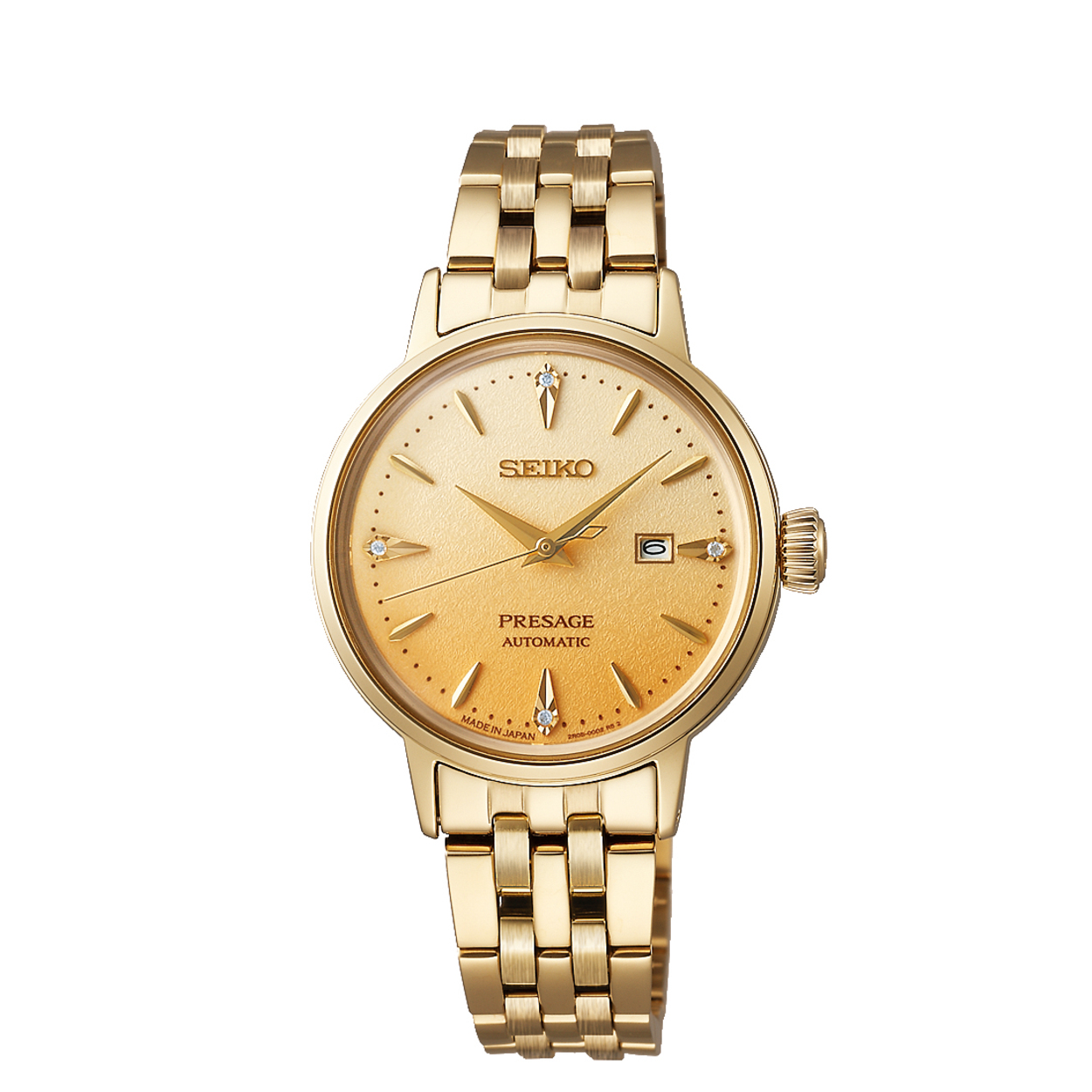 Dit is een dameshorloge van het merk Seiko. Het is een analoog horloge gemaakt van staal. De diameter van de kast is 30.28 mm en de kast is 10.89 mm dik.
De verdere specificaties van het horloge zijn als volgt:
Kastvorm: rond
Kastkleur: goudkleurig
Kastmateriaal: staal
Bandbreedte: 11.7 mm
Bandlengte: 220.28 mm
Sluiting: dubbele klapsluiting
Wijzerplaatkleur: champagne
Glassoort: hardlex mineraal glas
Waterdichtheid: 5 ATM
Techniek: automaat
