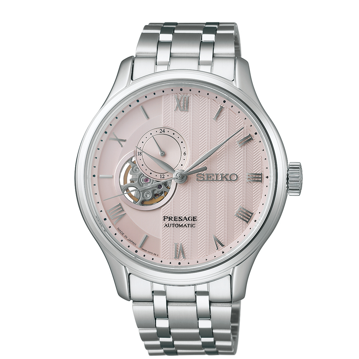 Dit is een herenhorloge van het merk Seiko. Het is een analoog horloge gemaakt van staal. De diameter van de kast is 41.8 mm en de kast is 12.51 mm dik.
De verdere specificaties van het horloge zijn als volgt:
Kastvorm: rond
Kastkleur: zilverkleurig
Kastmateriaal: staal
Bandbreedte: 17.2 mm
Bandlengte: 261.8 mm
Sluiting: vouwsluiting met drukker
Wijzerplaatkleur: roze
Glassoort: saffier glas
Techniek: automaat