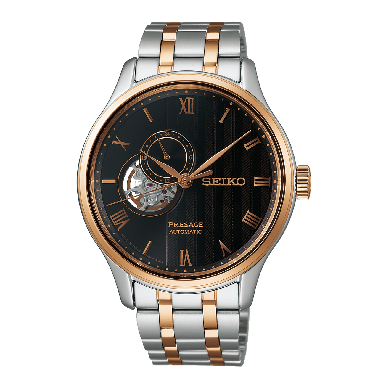 Dit is een herenhorloge van het merk Seiko. Het is een analoog horloge gemaakt van staal. De diameter van de kast is 41.8 mm en de kast is 12.51 mm dik.
De verdere specificaties van het horloge zijn als volgt:
Kastvorm: rond
Kastkleur: tweekleurig
Kastmateriaal: staal
Bandbreedte: 17.2 mm
Bandlengte: 261.8 mm
Sluiting: vouwsluiting met drukker
Wijzerplaatkleur: bruin
Glassoort: saffier glas
Techniek: automaat