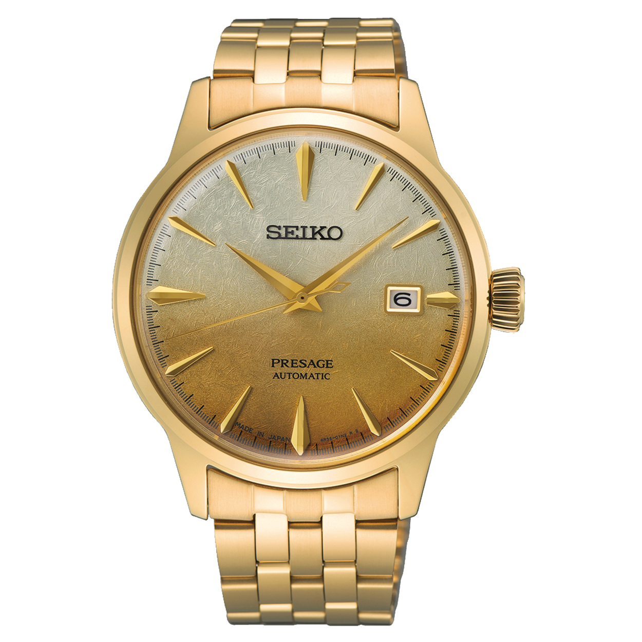 Dit is een herenhorloge van het merk Seiko. Het is een analoog horloge gemaakt van staal. De diameter van de kast is 40.5 mm en de kast is 11.8 mm dik.
De verdere specificaties van het horloge zijn als volgt:
Kastvorm: rond
Kastkleur: goudkleurig
Kastmateriaal: staal
Bandbreedte: 20 mm
Sluiting: vouwsluiting met drukker
Wijzerplaatkleur: champagne
Glassoort: hardlex mineraal glas
Waterdichtheid: 5 ATM
Techniek: automaat