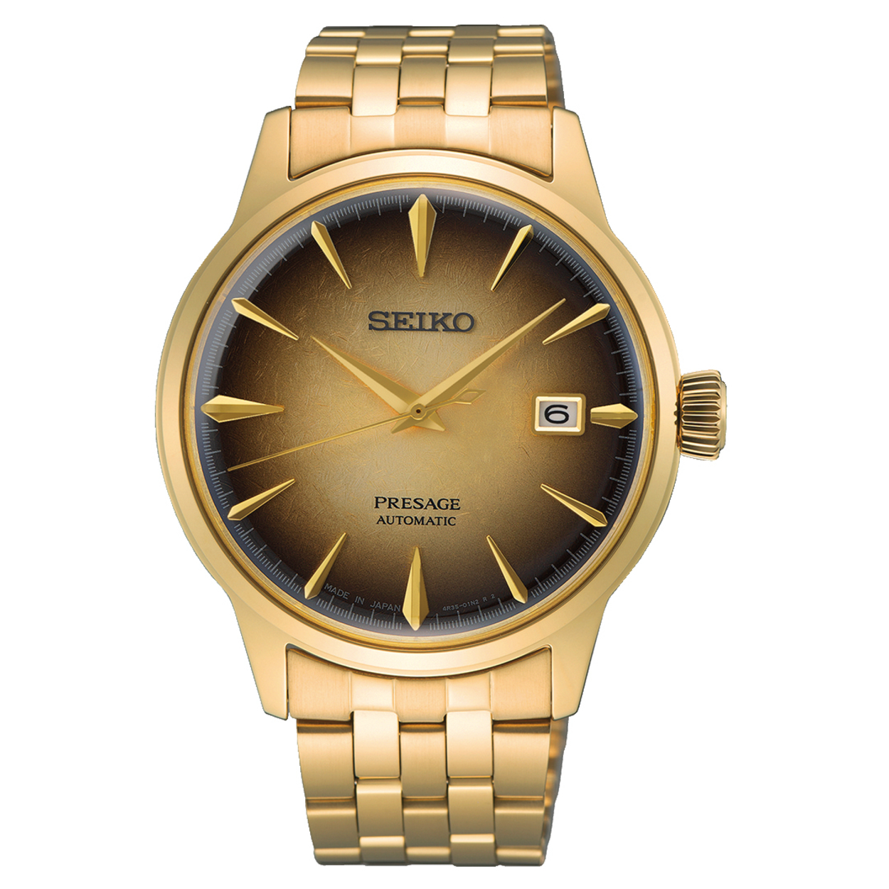 Dit is een herenhorloge van het merk Seiko. Het is een analoog horloge gemaakt van staal. De diameter van de kast is 40.5 mm en de kast is 11.8 mm dik.
De verdere specificaties van het horloge zijn als volgt:
Kastvorm: rond
Kastkleur: goudkleurig
Kastmateriaal: staal
Bandbreedte: 20 mm
Sluiting: vouwsluiting met drukker
Wijzerplaatkleur: bruin
Glassoort: hardlex mineraal glas
Waterdichtheid: 5 ATM
Techniek: automaat
