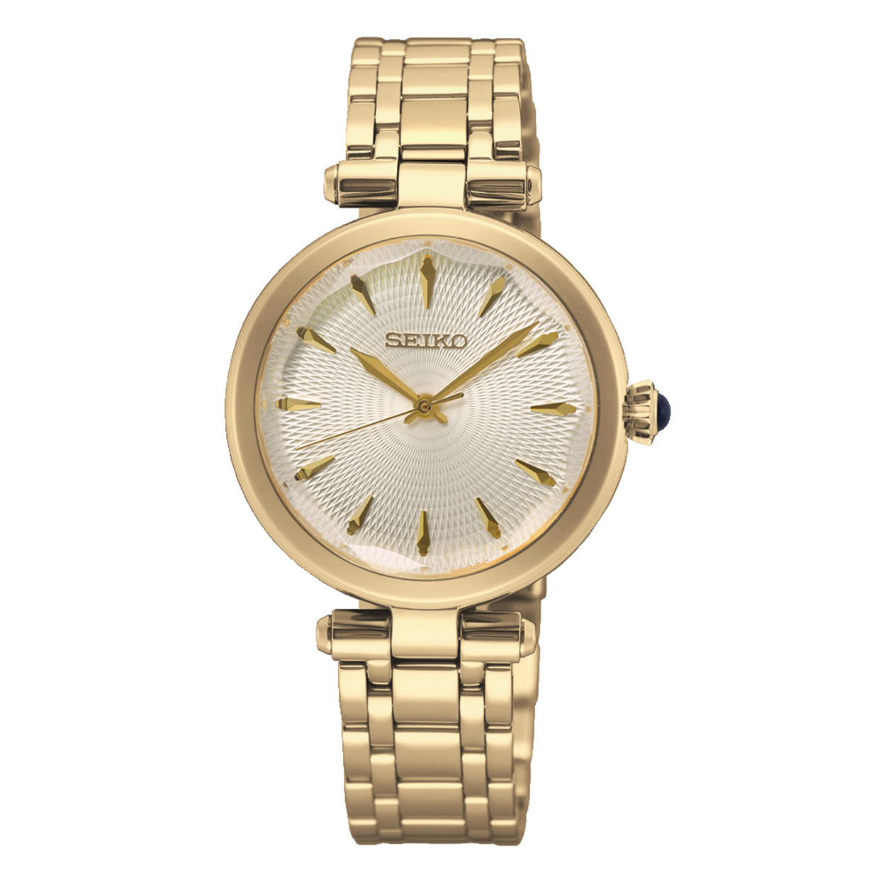 Dit is een dameshorloge van het merk Seiko. Het is een analoog horloge gemaakt van staal. De diameter van de kast is 30 mm en de kast is 7.1 mm dik.
De verdere specificaties van het horloge zijn als volgt:
Kastvorm: rond
Kastkleur: goudkleurig
Kastmateriaal: staal
Bandbreedte: 14 mm
Bandlengte: 215 mm
Sluiting: vouwsluiting met drukker
Wijzerplaatkleur: wit
Glassoort: hardlex mineraal glas
Waterdichtheid: 5 ATM
Techniek: quartz