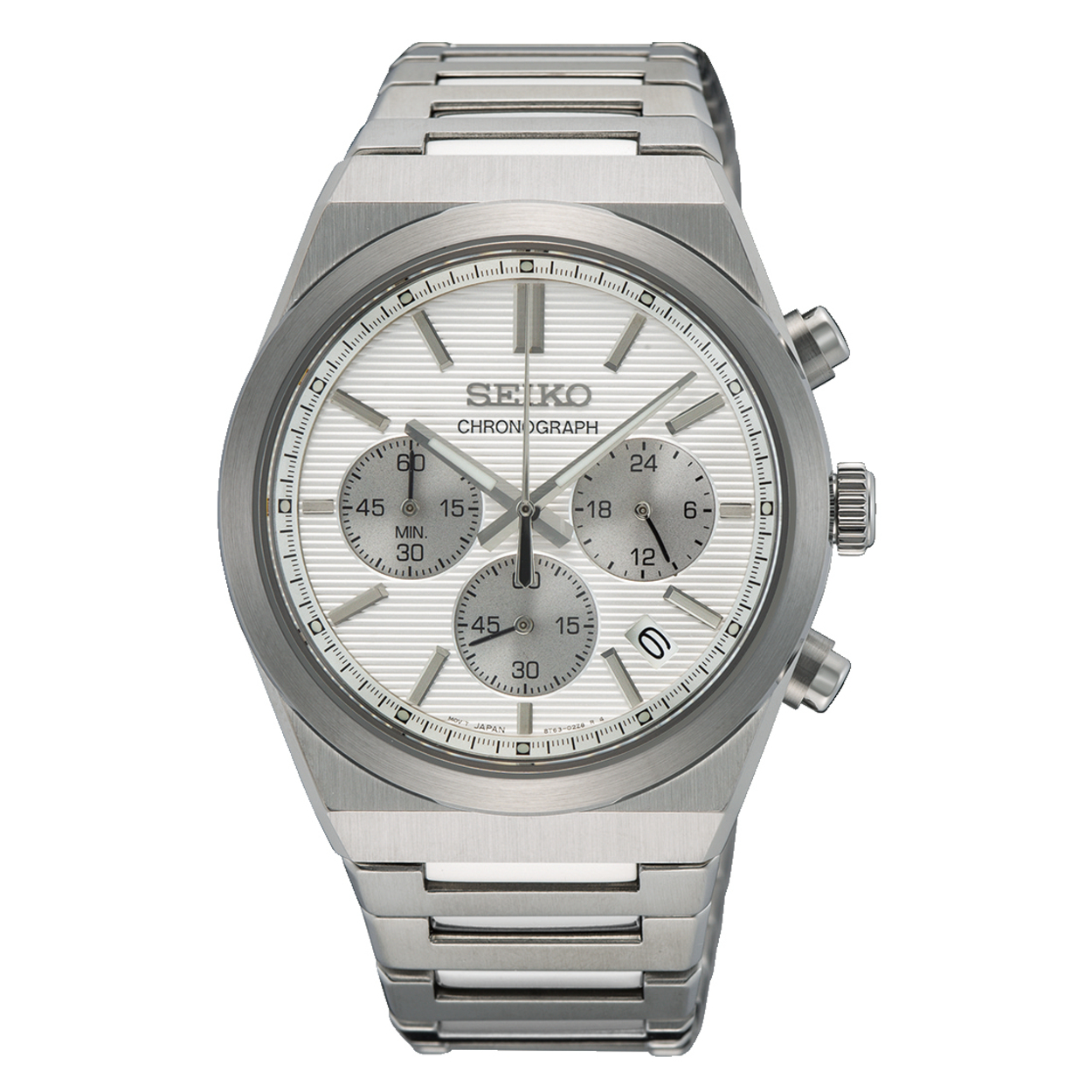 Dit is een herenhorloge van het merk Seiko. Het is een chronograaf horloge gemaakt van staal. De diameter van de kast is 40 mm en de kast is 11.5 mm dik.
De verdere specificaties van het horloge zijn als volgt:
Kastvorm: rond
Kastkleur: zilverkleurig
Kastmateriaal: staal
Bandbreedte: 20 mm
Bandlengte: 258 mm
Sluiting: vouwsluiting met drukker
Wijzerplaatkleur: wit
Glassoort: saffier glas
Waterdichtheid: 10 ATM
Techniek: quartz