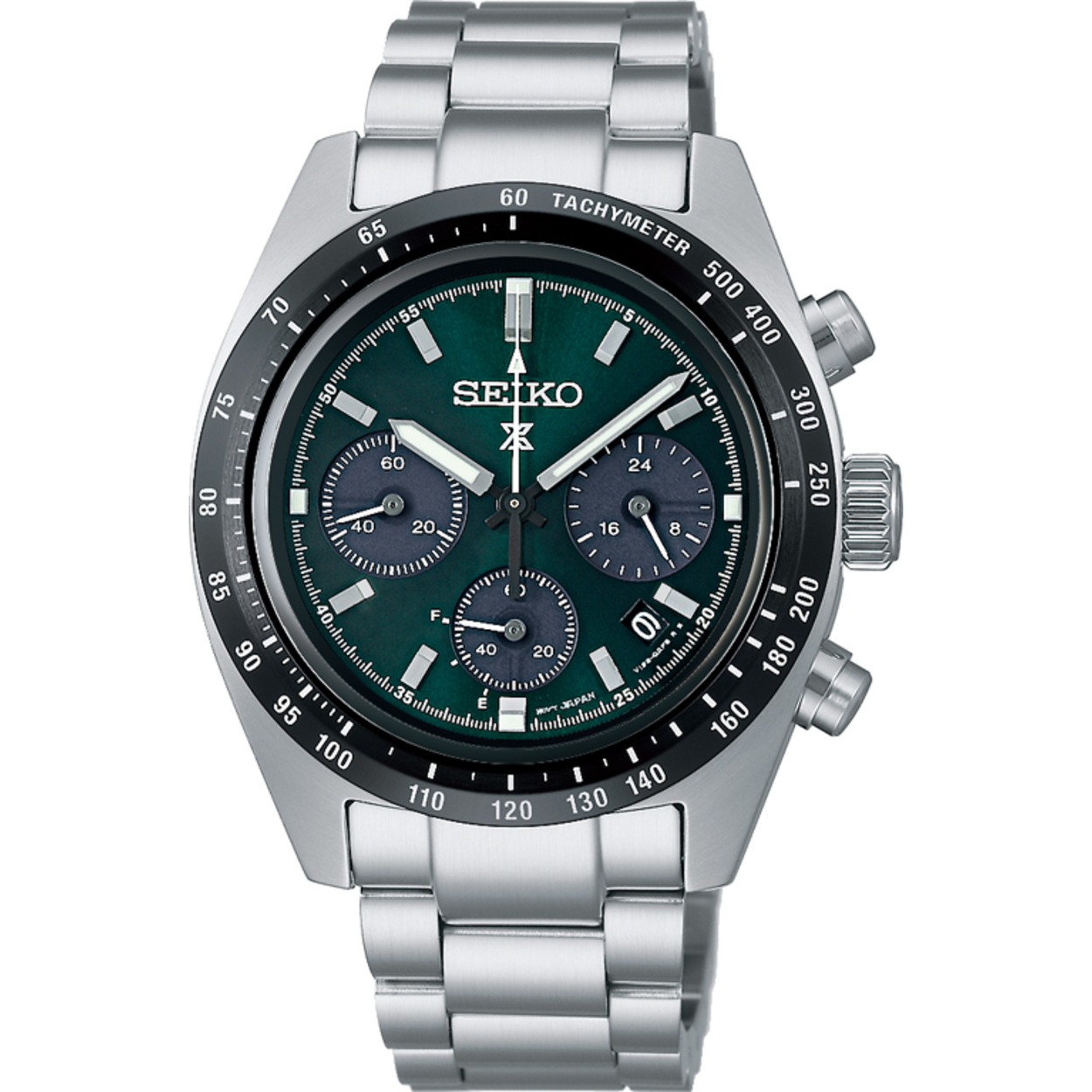 Dit is een herenhorloge van het merk Seiko. Het is een chronograaf horloge gemaakt van staal. De diameter van de kast is 39 mm en de kast is 14 mm dik.
De verdere specificaties van het horloge zijn als volgt:
Kastvorm: rond
Kastkleur: zilverkleurig
Kastmateriaal: staal
Bandbreedte: 18 mm
Bandlengte: 249 mm
Sluiting: vouwsluiting met veiligheidsklepje en drukker
Wijzerplaatkleur: groen
Glassoort: saffier glas
Waterdichtheid: 10 ATM
Techniek: solar
