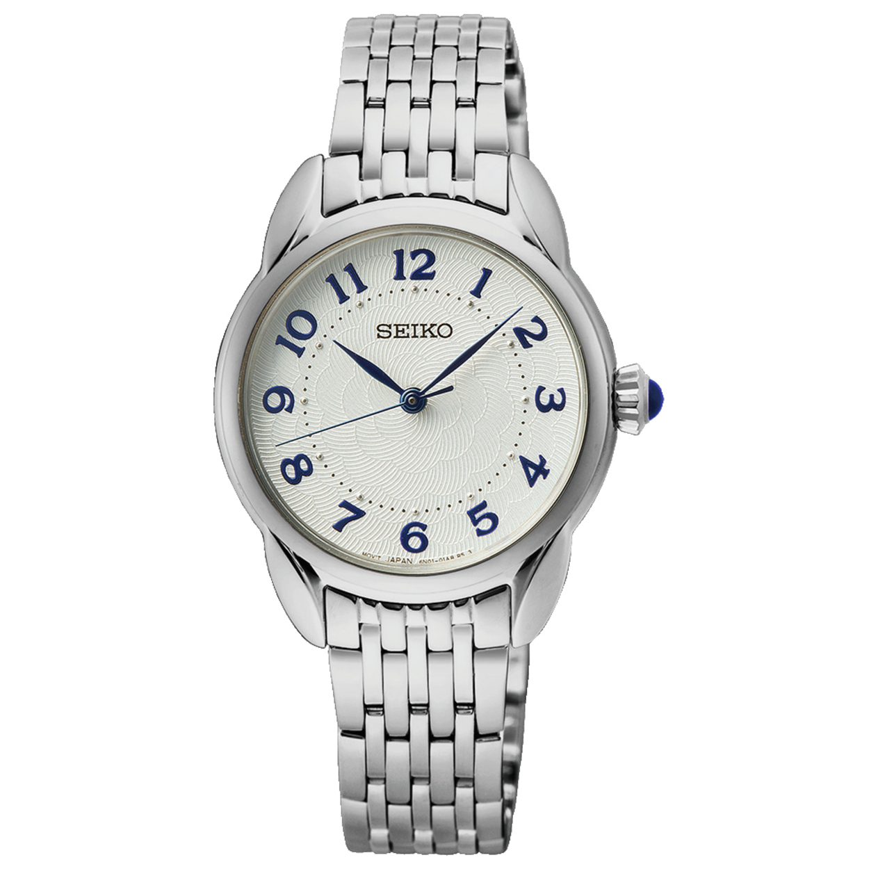 Dit is een dameshorloge van het merk Seiko. Het is een analoog horloge gemaakt van staal. De diameter van de kast is 28.7 mm en de kast is 7.59 mm dik.

De verdere specificaties van het horloge zijn als volgt:
Kastvorm: rond
Kastkleur: zilverkleurig
Kastmateriaal: staal
Bandbreedte: 13 mm
Bandlengte: 218.7 mm
Sluiting: vouwsluiting met drukker
Wijzerplaatkleur: wit
Glassoort: hardlex mineraal glas
Waterdichtheid: 5 ATM
Techniek: quartz