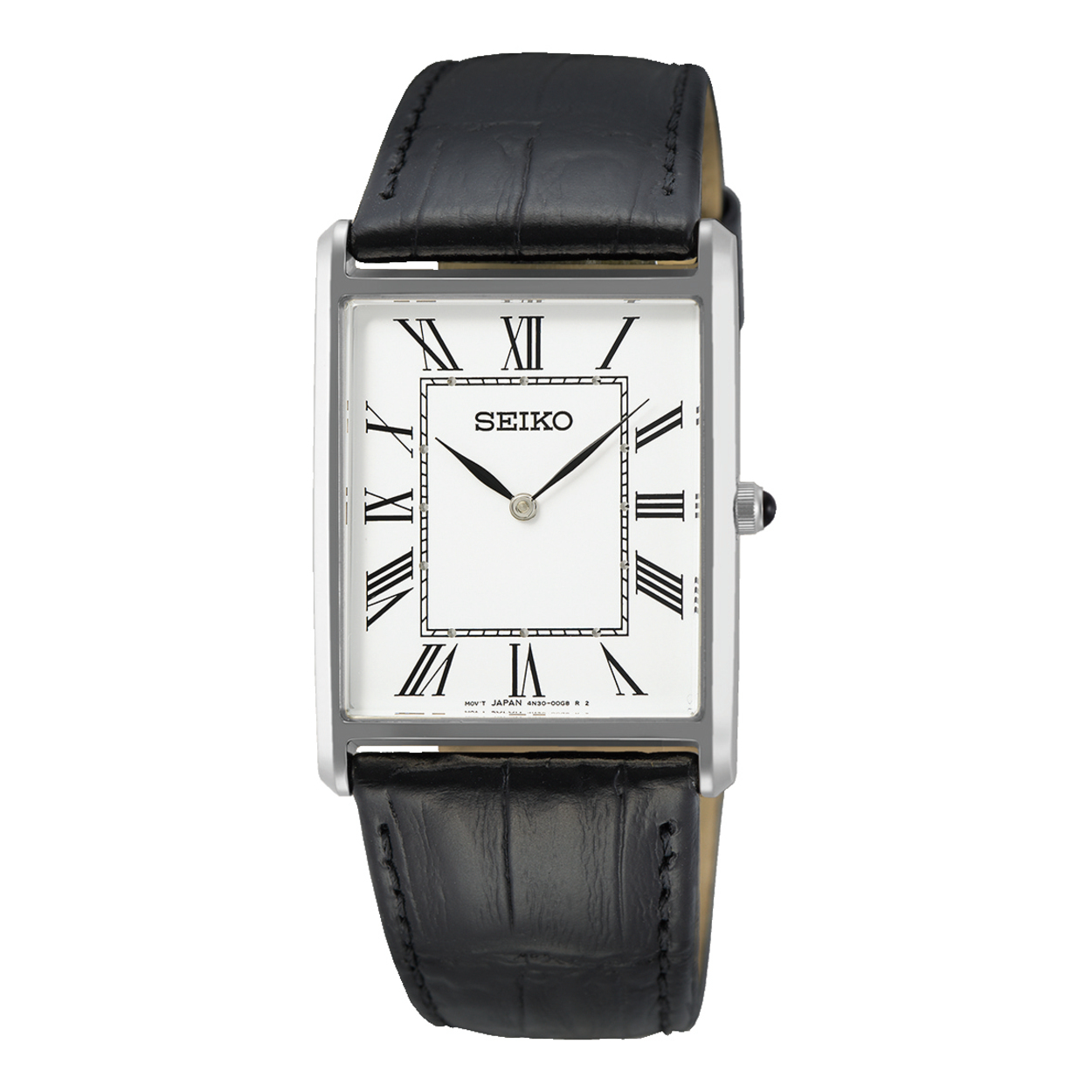 Herenuurwerk van Seiko met rechthoekige stalen kast
Zwarte lederen band
Witte wijzerplaat met Romeinse cijfers
Waterdichtheid: 3 ATM