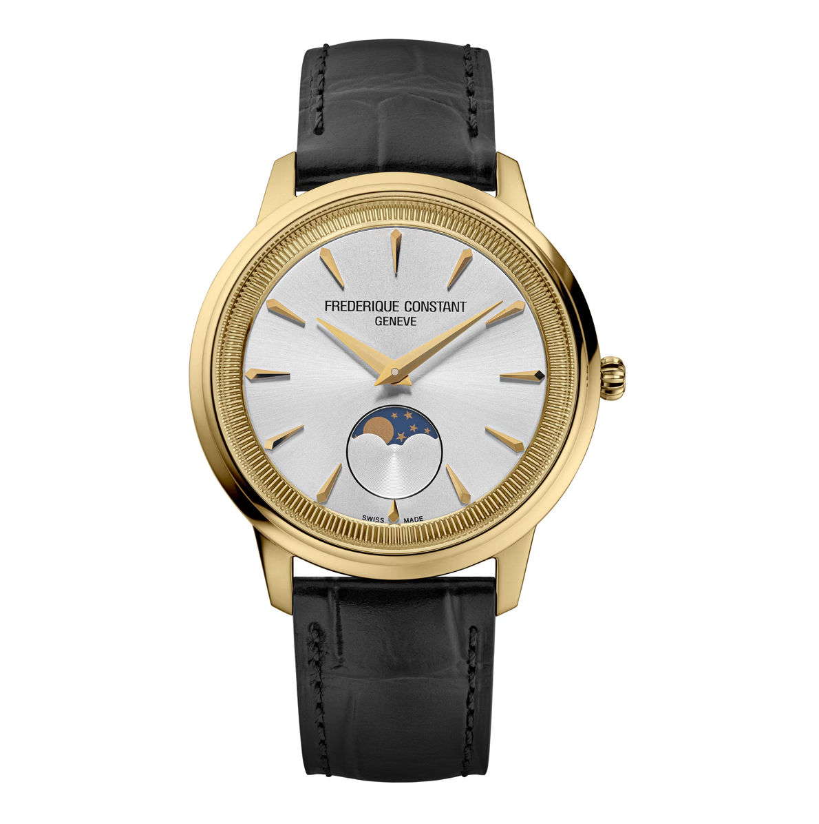 Dit Frederique Constant horloge behoort tot de Classics Moonphase collectie.
Referentienummer: FC-206S3S5

Dit Frederique Constant Classics horloge is uitgerust met een quartz uurwerk. De goudkleurige kast is gemaakt van staal en de band van leer. Het horloge heeft een diameter van 37 MM en is getest op een waterdichtheid van 5 ATM / 50 M. De wijzerplaat is voorzien van een maanfase op 6 uur. De wijzerplaat met maanfase weergave en de donker bruine band maken dit horloge geschikt voor iedere gelegenheid. Het horloge heeft een krasvrij saffierglas.