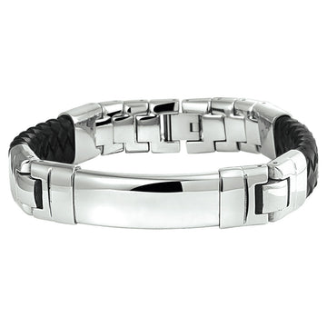 Stalen armband met gevlochten leer. De plaat heeft een dikte van 5.5mm. De schakelbreedte is 14.5mm.