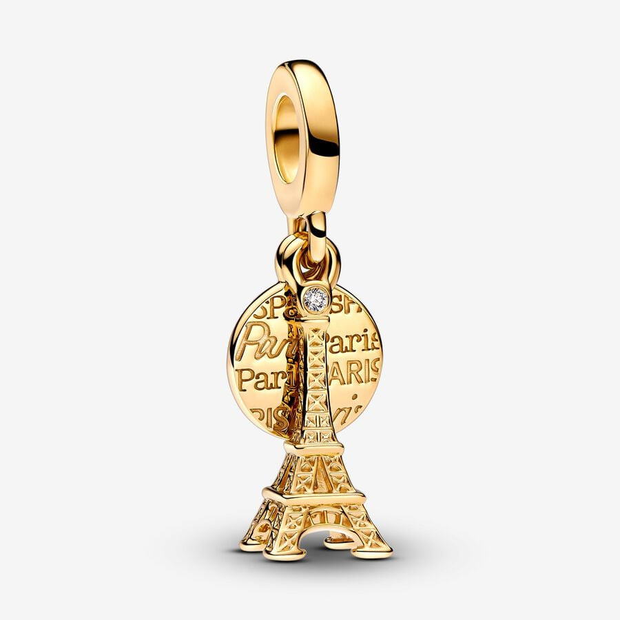 763344C01 TW GHI VS2+good-very good lab-grown diamond Engravable Eiffel Tower 14k gold-plated dangle with 0.009 ct TW GHI VS2+ round brilliant good-very good lab-grown diamond