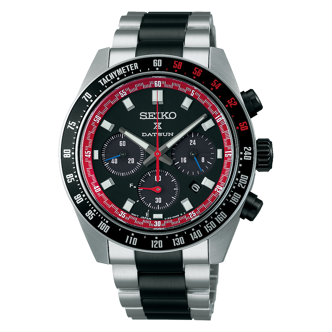 Dit Seiko horloge behoort tot de Prospex collectie en is een Datsun Limited Edition met een oplaag van 4000 stuks.
Referentienummer: SSC957J1

Het horloge heeft een stalen 41,4mm kast en een stalen band. De band en knoppen zijn beide voorzien van een zwarte coating. De zwarte wijzerplaat is voorzien van rode accenten en rode binnenring. Het horloge is waterdicht tot 10 atm / 100 m en wordt afgeschermd door een stevig saffierglas.