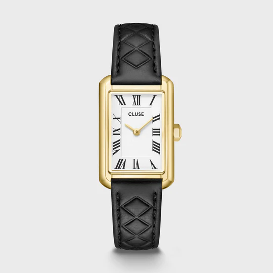 Het rechthoekige Belisenna horloge voor dames heeft een goudkleurige kast van 21 mm, een witte wijzerplaat en een zwart gewatteerd leren bandje van 14 mm.

Personaliseer je horloge eenvoudig met elk CLUSE 14 mm-bandje. De maat van het horlogebandje pas je gemakkelijk zelf aan.