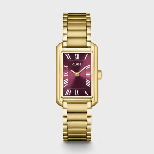 Het rechthoekige Belisenna horloge voor dames heeft een goudkleurige kast van 21 mm, een wijnrode wijzerplaat en een goudkleurig roestvrijstalen bandje van 14 mm.

Personaliseer je horloge eenvoudig met elk CLUSE 14 mm-bandje. De maat van het horlogebandje pas je gemakkelijk zelf aan.
