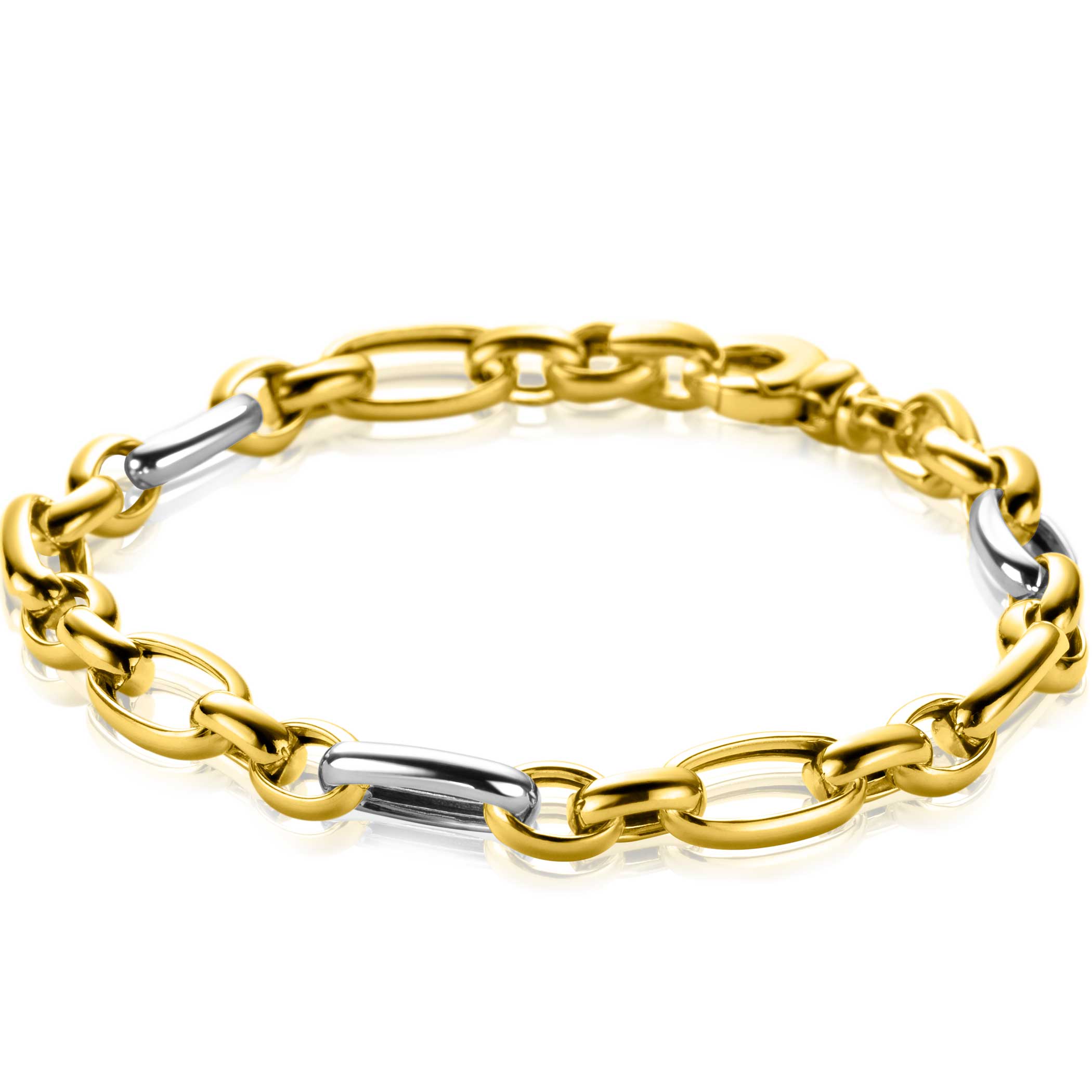 ZINZI bicolor schakelarmband (7mm breed) met afwisselend gold plated jasseron schakels en grote zilveren ovale schakels. De lengte van de armband is 19cm. Met stevige en gemakkelijke karabijnsluiting. Vervaardigd van eerste gehalte zilver (925) en extra geel verguld.