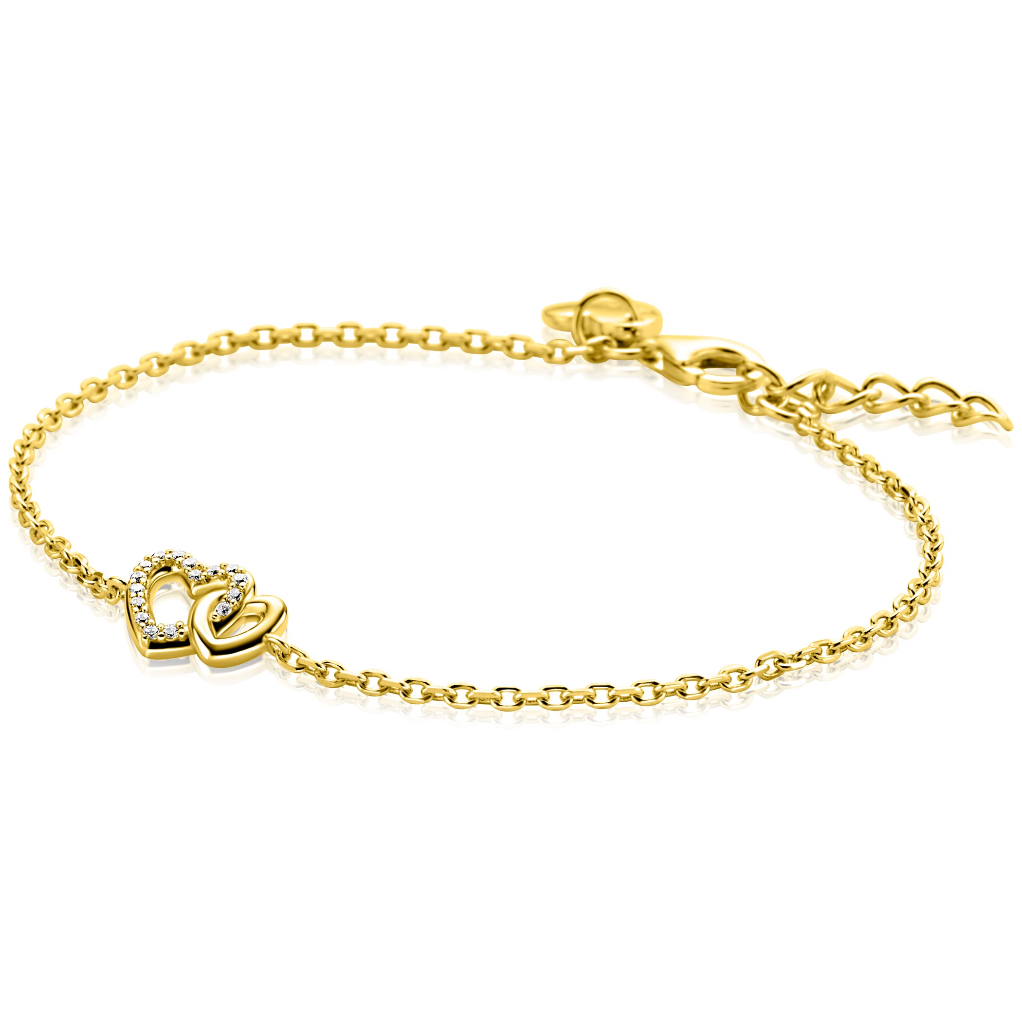 ZINZI gold plated zilveren armband met twee verbonden hartjes, waarvan &eacute;&eacute;n schitterend bezet is met witte zirkonia's. De lengte is verstelbaar van 17cm tot 19cm. Vervaardigd van eerste gehalte zilver (925) en extra geel verguld.