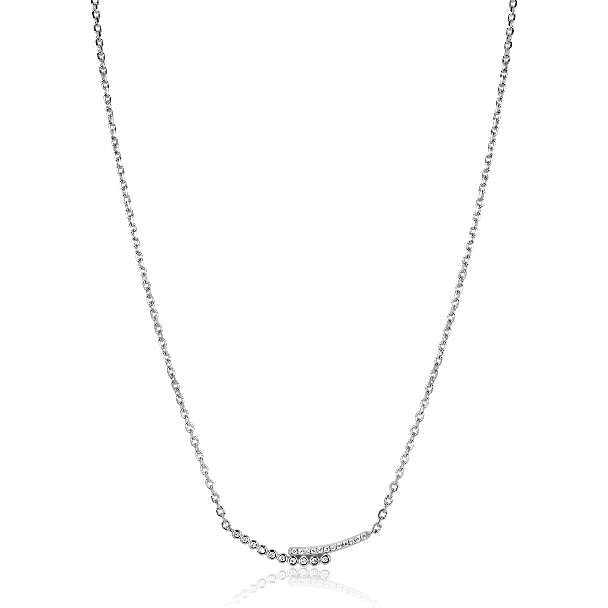 ZINZI zilveren ketting met twee staafjes, bezet met witte zirkonia's. De speelse zettingen van beide staafjes, geeft de ketting een moderne touch. De lengte is te vari&euml;ren tussen 42 en 45cm. De ketting is vervaardigd van eerste gehalte zilver (925) en voorzien van een extra rodiumlaag voor een langdurige glans.