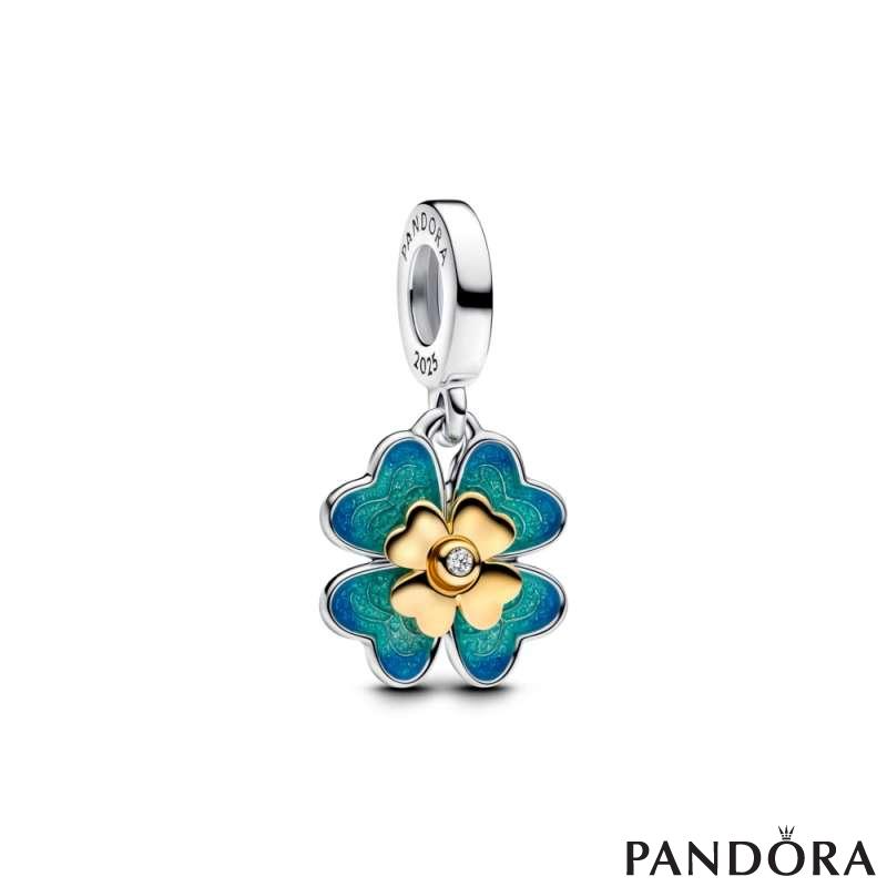 Spinnable clover sterling silver and 14k gold-plated dangle with 0.01 ct TW G-J VS+ round brilliant very good cut lab-grown diamond and blue