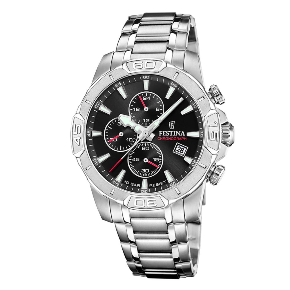 Festina Heren Horloge F20704/3 Timeless Chronograph heeft een zilverkleurige roestvrijstalen kast en band, een zwarte wijzerplaat met strepen, en beschikt over een datumfunctie. Het is waterbestendig tot 10 ATM en heeft een quartz uurwerk. Perfect te dragen bij zowel formele als casual gelegenheden voor een stijlvolle en tijdloze uitstraling.