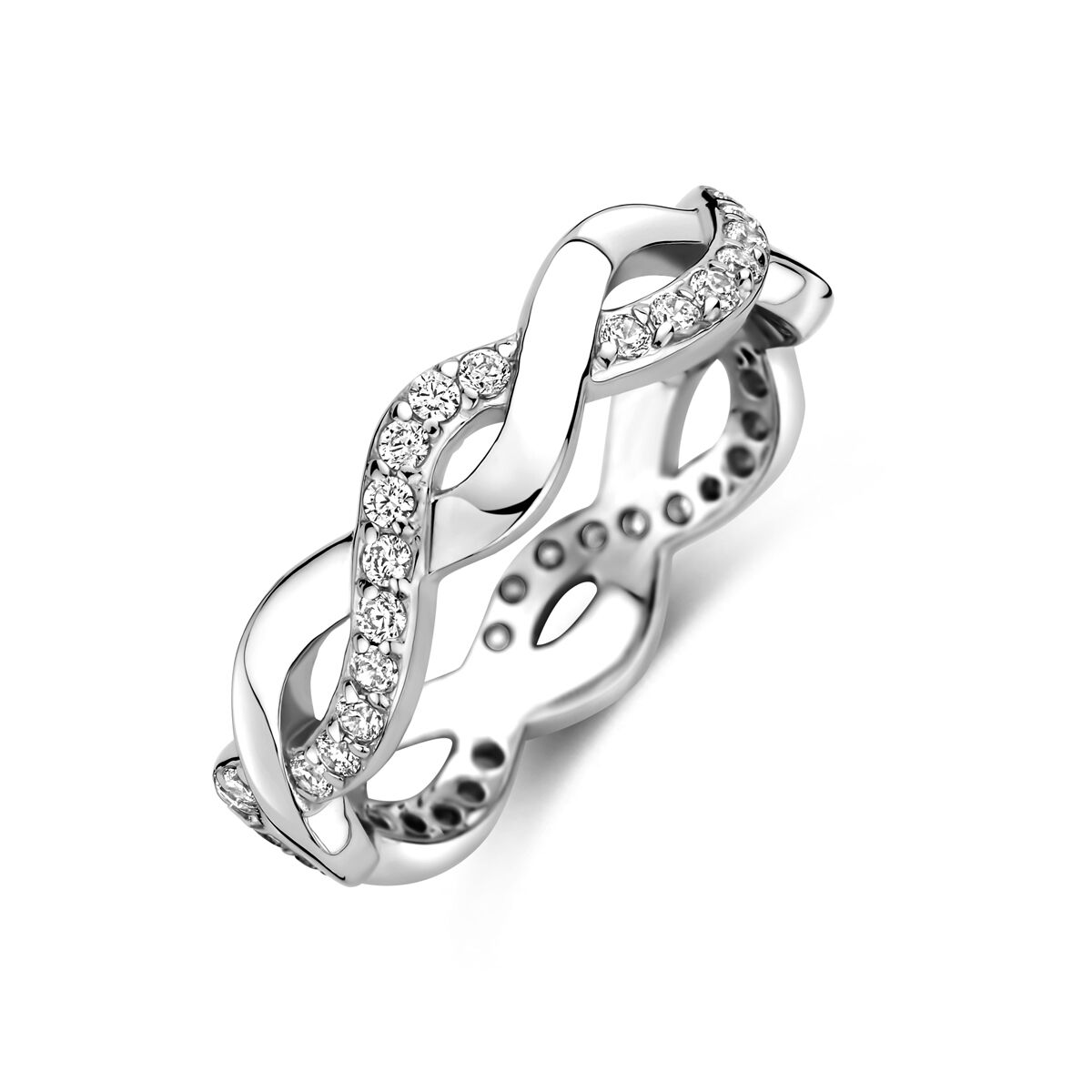 Gerhodineerd 925 zilveren uitgevoerd met zirkonia. De ring heeft een breedte van 5mm.