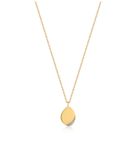 Gouden collier met ovalen hanger met 0.018ct. diamant, draaglengte 43-47-50cm.