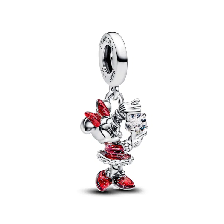 793980C01 Disney Parks Minnie Mouse silver dangle with dichroic clear Murano glass and glittery red enamel