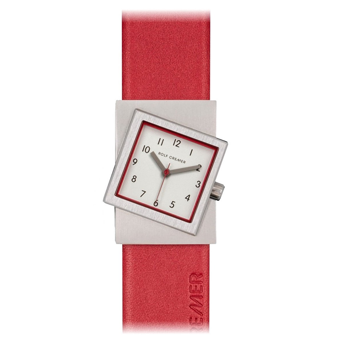 Speelse wijzerplaat wit met rode accenten en rood leren band.