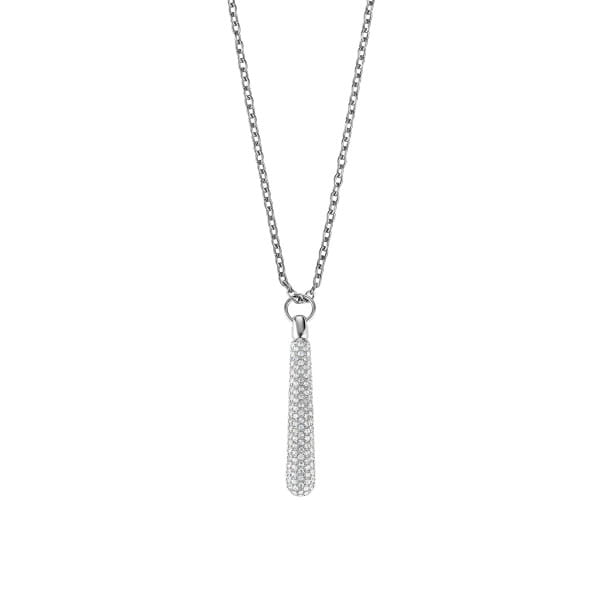  Een sieraad dat indruk maakt door zijn eenvoudige verfijning: deze zilverkleurige halsketting met druppelvormige hanger zet sprankelende accenten en geeft elke outfit een elegante touch. De langwerpige hanger is volledig bezet met wit kristalglas in pav&eacute;stijl en cre&euml;ert een levendig spel van licht en schittering.  De ketting is gemaakt van hoogwaardig roestvrij staal met een glanzende zilveren afwerking en maakt niet alleen indruk met zijn ontwerp, maar ook met zijn duurzaamheid. De kettinglengte van 450 mm kan flexibel worden aangepast - ideaal voor individuele looks. Als bijzonder detail rondt een klein plaatje met reli&euml;fgravure op de sluiting de algehele look stijlvol af. 