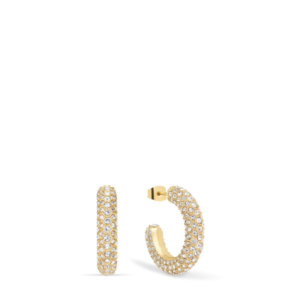  Een sprankelende uitdrukking van tijdloze elegantie - de glanzend gouden pav&eacute;-hoepeloorbellen uit onze Arctic Pav&eacute;-collectie combineren luxueuze glamour met Scandinavische helderheid. De oorbellen zijn gemaakt van hoogwaardig, goudkleurig roestvrijstaal en hebben een klassiek ontwerp met een moderne twist: de halfronde ring is helemaal bezaaid met fijn geslepen pav&eacute;-stijl kristallen glassteentjes, die glinsteren in briljant wit en een fascinerend samenspel van licht en reflectie cre&euml;ren.  Met een diameter van 25 mm maken deze oorbellen een elegant statement - zowel voor dagelijks gebruik als voor speciale gelegenheden. De combinatie van robuust materiaal en elegant design maakt ze tot een langdurige favoriet voor stijlbewuste vrouwen. 