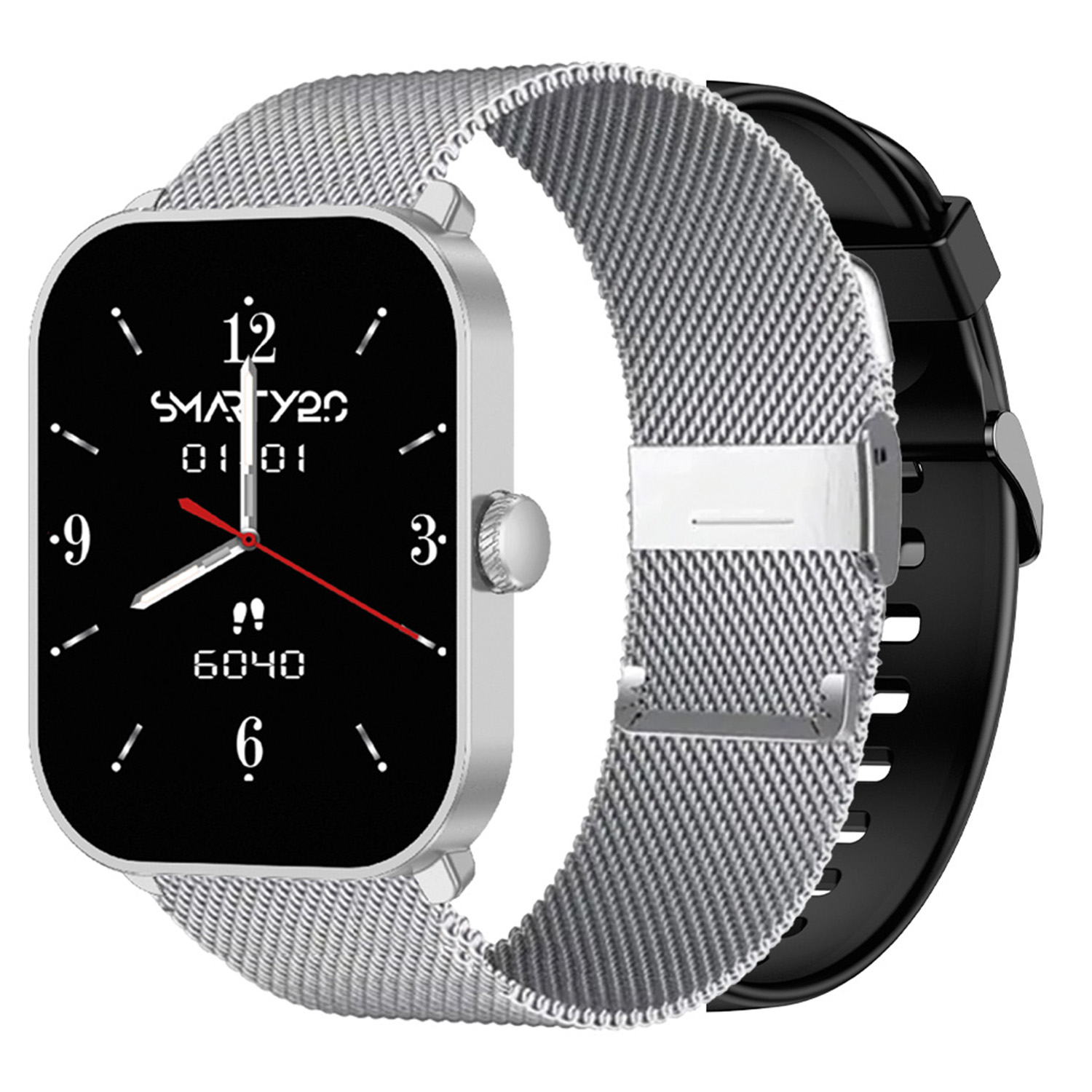 SMARTY2.0 SW070I Smartwatch Kunststof Siliconen 46,5x40,5mm
Dit Smarty Smartwatch horloge met nr: SW070I is een stap in de toekomst. Door zijn Amoled scherm is het beeld vele malen scherper en intenser. De zilverkleurige kast is gemaakt van ABS kunststof met een gehard glas. Aan de kast zit een zilverkleurige milanese band met een kliksluiting. Het rechthoekige horloge heeft een afmeting van 46,5x40,5mm en is spatwaterdicht. Bij dit horloge krijg je een zwarte siliconen band extra. Deze smartwatch is sportief, stijlvol, maar zeker gebruiksvriendelijk. Om door apps, berichten en tekst te bladeren hoeft je alleen maar op het glas te tikken of de knop te gebruiken. Tevens heeft het een AI voice functie.

Merk:
SMARTY2.0
Smartwatches verbinden je met de wereld. 
SMARTY2.0 biedt een brede keuze aan vormen en functionaliteiten. Een ronde of rechthoekige smartwatch? Eentje voor de smalle pols? Een ladies watch of een kids watch?  SMARTY2.0 heeft het allemaal.
De keuze qua functionaliteiten is onuitputtelijk: bluetooth bellen, stappenteller, hartslag- en bloeddrukmeter,  meerdere verschillende sporttrackers, menstruatie en ovulatie herinneringen, ingebouwde GPS, vind mijn smartphone en heel veel meer. Maak je eigen keuze.
Iedere SMARTY werkt zowel met iOS als met Android en is moeiteloos via een QR-code te koppelen met iedere mobiele telefoon. Misschien wel d&eacute; makkelijkste smartwatch voor iedereen.
SMARTY2.0 staat voor hoge kwaliteit in een betaalbaar prijssegment: &euro; 79 - &euro; 199.

Highlights:
- Geschikt voor Android en iOS  
- De Smartwatch heeft Bluetooth call 
- Hoge batterij efficientie
- 24 uur hartritme meting
- Bevat smart music en mini games
- Door de verschillende meters en tellers is het mogelijk om onder andere de hartslag, stappen, snelheid, slaap, luchtdruk, stress, hoogte- en diepte te meten
- D.m.v. de ingebouwde GPS, is het mogelijk om offline te navigeren en achteraf je route terug te kijken (zonder dat de telefoon in de buurt is)
- Stof,- Waterdichtheid: IP68