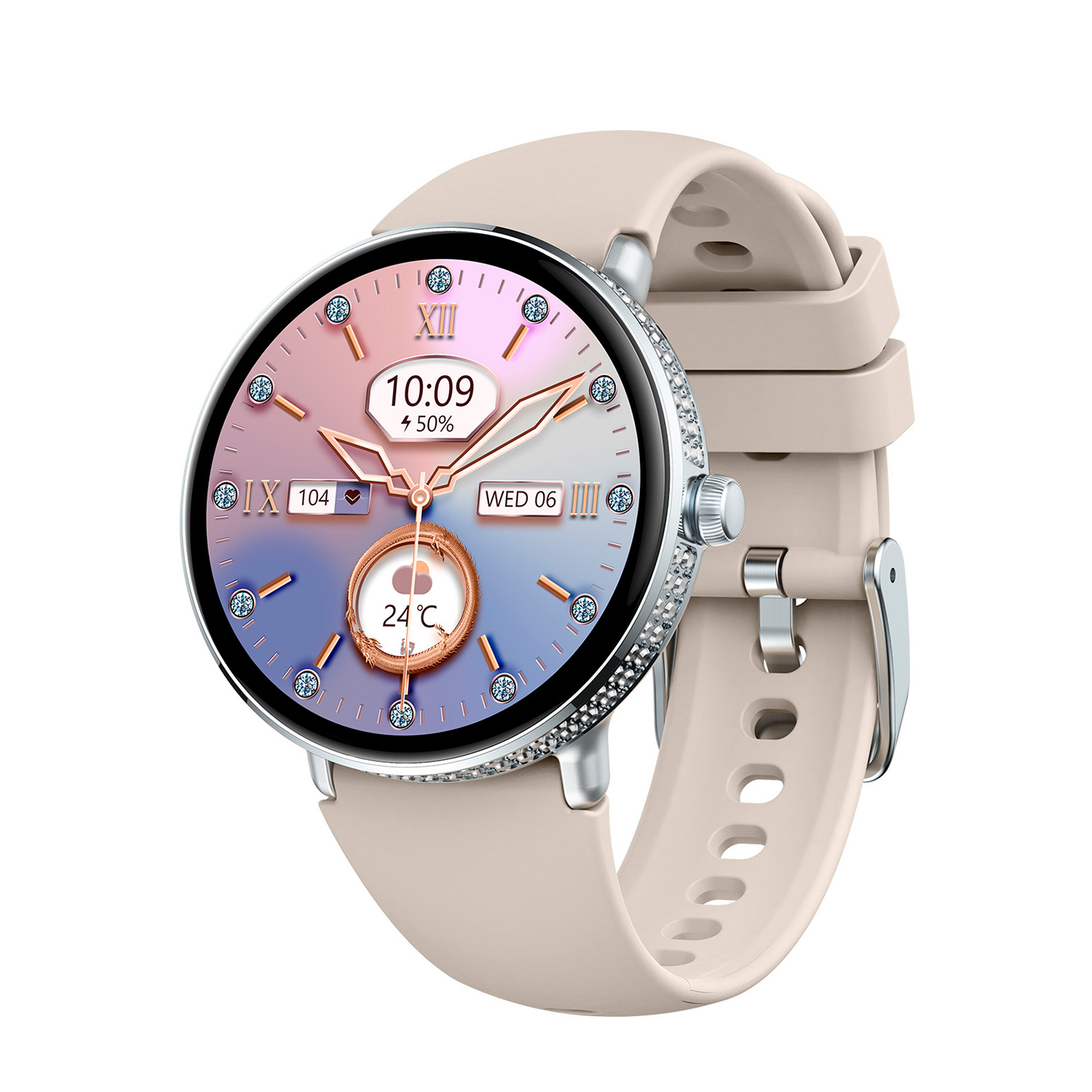 SMARTY2.0 SW092C Smartwatch Alloy Siliconen Strass 40mm
Dit Smarty Smartwatch horloge met nr: SW092C is een stap in de toekomst. Door zijn Amoled scherm is het beeld vele malen scherper en intenser. De ronde zilverkleurige kast is gemaakt van aluminium met een gehard glas is volgezet met 2 rijen strass steentjes. Aan de kast zit een cr&eacute;mekleurige siliconen band met een gespsluiting. Het ronde dameshorloge heeft een doorsnee van 40mm en is spatwaterdicht. Deze smartwatch is sportief, stijlvol, maar zeker gebruiksvriendelijk. Om door apps, berichten en tekst te bladeren hoeft je alleen maar op het glas te tikken of de knop te gebruiken. Tevens heeft het een Find my watch functie.

Merk:
SMARTY2.0
Smartwatches verbinden je met de wereld. 
SMARTY2.0 biedt een brede keuze aan vormen en functionaliteiten. Een ronde of rechthoekige smartwatch? Eentje voor de smalle pols? Een ladies watch of een kids watch?  SMARTY2.0 heeft het allemaal.
De keuze qua functionaliteiten is onuitputtelijk: bluetooth bellen, stappenteller, hartslag- en bloeddrukmeter,  meerdere verschillende sporttrackers, menstruatie en ovulatie herinneringen, ingebouwde GPS, vind mijn smartphone en heel veel meer. Maak je eigen keuze.
Iedere SMARTY werkt zowel met iOS als met Android en is moeiteloos via een QR-code te koppelen met iedere mobiele telefoon. Misschien wel d&eacute; makkelijkste smartwatch voor iedereen.
SMARTY2.0 staat voor hoge kwaliteit in een betaalbaar prijssegment: &euro; 79 - &euro; 199.

Highlights:
- Geschikt voor Android en iOS  
- De Smartwatch heeft Bluetooth call 
- Hoge batterij efficientie
- 24 uur hartritme meting
- Bevat smart music en mini games
- Door de verschillende meters en tellers is het mogelijk om onder andere de hartslag, stappen, snelheid, slaap, luchtdruk, stress, hoogte- en diepte te meten
- D.m.v. de ingebouwde GPS, is het mogelijk om offline te navigeren en achteraf je route terug te kijken (zonder dat de telefoon in de buurt is)
- Stof,- Waterdichtheid: IP68