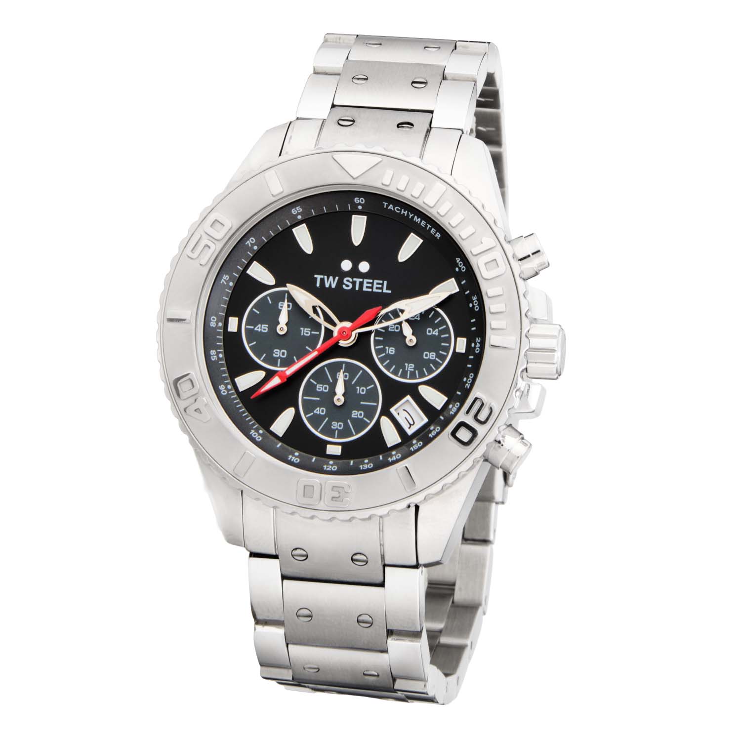 TW Steel Vanceur Diver TWVA5 Staal 42mm
Deze TW steel uit de Vanceur Diver serie met nr TWVA5 wil je zeker in je collectie hebben. De TWVA5 valt op door zijn ronde stalen kast met gekartelde bezel met tachymeter en de schroefkroon. Het stoere horloge heeft een zwarte wijzerplaat met een datum en een chronograaf. De wijzers en uursaanduiding zijn ingelegd met lumibrite en de rode secondewijzer trekt extra de aandacht. Aan de stalen kast zit een opvallende stalen schakelband met vouwsluiting. Het horloge heeft wereldwijde garantie van 2 jaar en is 10ATM. Een casual model.

Het Merk:
TW Steel is een Nederlands horlogemerk. Groot in visie en onge&euml;venaard in stijl. Sinds onze oprichting in 2005 geven wij tijd een nieuwe dimensie. Met karakteristieke designs stappen wij af van de gebaande paden.
Ons bereik is wereldwijd, of het nu zakelijk, casual of sportief is, bij de horloge collectie van TW Steel gaat het om kwaliteit en precisie. Een horloge dat je persoonlijkheid onderstreept is altijd binnen handbereik. Vorm en functie gaan samen in onze horloges van Zwitserse top kwaliteit. De kunst om je te onderscheiden vergt zelfvertrouwen en lef.
TW Steel is niet zomaar een horloge, TW Steel is een statement.

Specificaties:
- Ronde horloge kast 42mm
- Zwarte wijzerplaat 
- Stalen schakelband
- Gehard mineraalglas
- Schroefkroon
- 10ATM