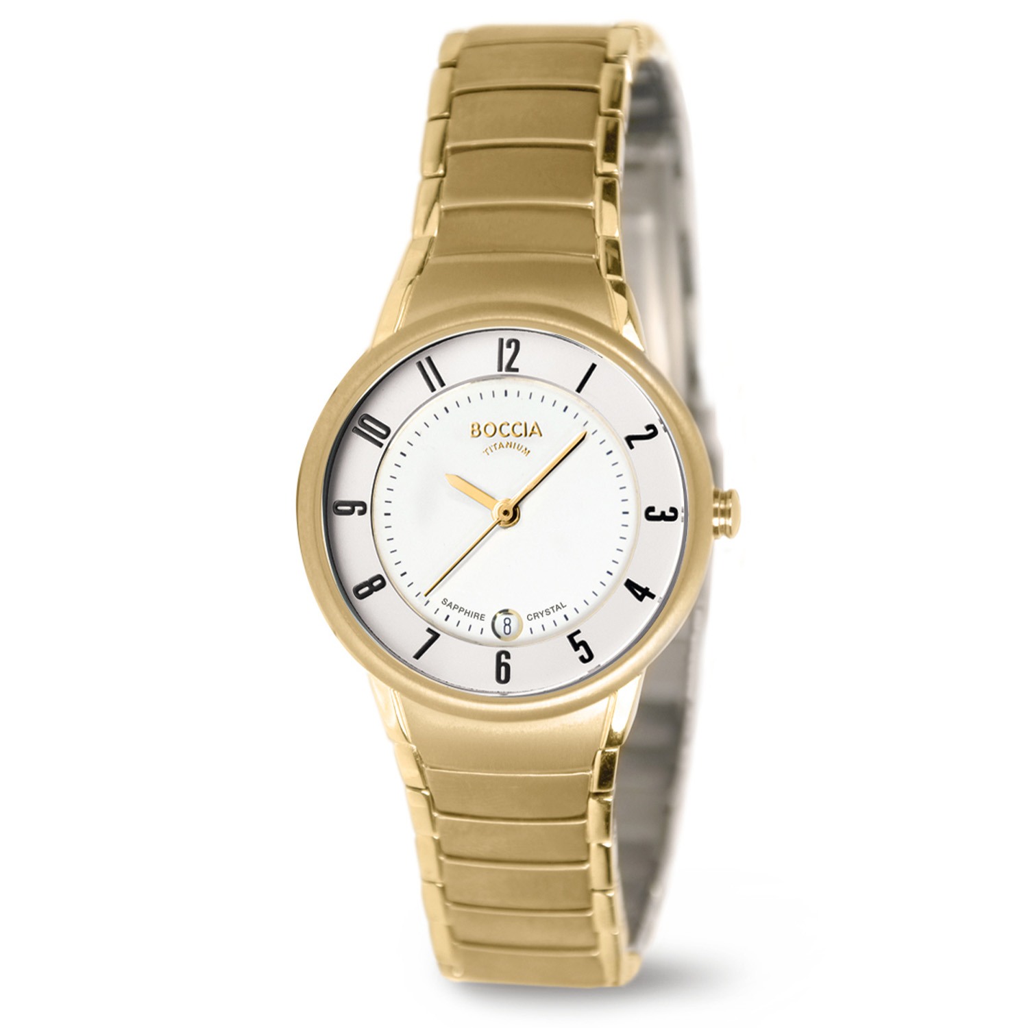 Boccia Titanium 3158-05 Dames Horloge 29mm
Dit dameshorloge van Boccia heeft een frisse en chique uitstraling. De 3158-05 heeft een ronde goudkleurige titanium horlogekast met een gladde bezel en een witte wijzerplaat met een datum. Aan de titanium kast zit een goudkleurige titanium schakelband met een vouwsluiting. Het horloge heeft een saffierglas en is 5ATM. Of je nu sportief of chique gekleed gaat, dit horloge past bij elke outfit en iedere gelegenheid!

HET MERK
Boccia Titanium is het titanium merk van Nederland, dat zijn oorsprong in Duitsland vindt en is opgericht in het jaar 1992. Ontwikkeld door internationale ontwerpers. Alle titanium componenten van de BOCCIA TITANIUM collectie zijn gemaakt van 99,7% puur titanium; het bijzondere materiaal. Het is licht in gewicht, neemt de temperatuur van de huid aan en is zeer huidvriendelijk. Bovendien is het corrosie- en temperatuurbestendig.

SPECIFICATIES
- Saffierglas
- Ronde titanium horlogekast
- Goudkleurige titanium schakelband
- Witte wijzerplaat 
- Datum
- 5ATM