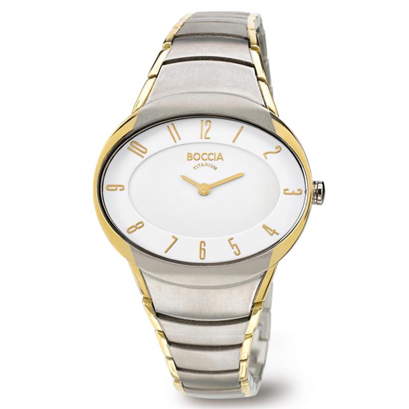 Boccia Titanium 3165-11
Dit dameshorloge van Boccia Titanium heeft een nette uitstraling. De tweekleurige horlogekast zorgt voor een stijlvolle look en de witte wijzerplaat maakt het horloge net wat sierlijker. Het horloge heeft een ovale kastdiameter van 36mm, een mineraalglas en is 5ATM. Combineer dit prachtige exemplaar met de andere sieraden van Boccia Titanium voor een complete look. Aan de ronde kast zit een titanium bi-color schakel band.

HET MERK
Boccia Titanium is het titanium merk van Nederland, dat zijn oorsprong in Duitsland vindt en is opgericht in het jaar 1992. Ontwikkeld door internationale ontwerpers. Alle titanium componenten van de BOCCIA TITANIUM collectie zijn gemaakt van 99,7% puur titanium; het bijzondere materiaal. Het is licht in gewicht, neemt de temperatuur van de huid aan en is zeer huidvriendelijk. Bovendien is het corrosie- en temperatuurbestendig.

SPECIFICATIES
- Mineraal glas
- Ovale titanium horlogekast, &Oslash; 36mm
- Titanium band
- Witte wijzerplaat
- 5ATM (Regen- & spatwaterdicht)
