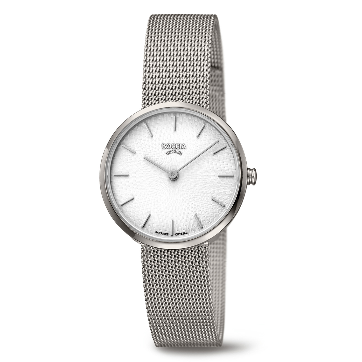 Boccia Titanium 3279-08 Dames Horloge 30mm
Dit dameshorloge van Boccia heeft een frisse en jonge uitstraling. De 3279-08 heeft een ronde titanium horlogekast met een gladde bezel en een witte wijzerplaat met fijne strepen en wijzers. Aan de titanium kast zit een stalen milanese band met een druksluiting. Het horloge heeft een doorsnee van 30mm, een saffierglas en is 3ATM. Of je nu sportief of chique gekleed gaat, dit horloge past bij elke outfit en iedere gelegenheid!

HET MERK
Boccia Titanium is het titanium merk van Nederland, dat zijn oorsprong in Duitsland vindt en is opgericht in het jaar 1992. Ontwikkeld door internationale ontwerpers. Alle titanium componenten van de BOCCIA TITANIUM collectie zijn gemaakt van 99,7% puur titanium; het bijzondere materiaal. Het is licht in gewicht, neemt de temperatuur van de huid aan en is zeer huidvriendelijk. Bovendien is het corrosie- en temperatuurbestendig.

SPECIFICATIES
- Saffierglas
- Ø 30mm
- Ronde titanium horlogekast
- Stalen milanese band
- Witte wijzerplaat 
- 3ATM