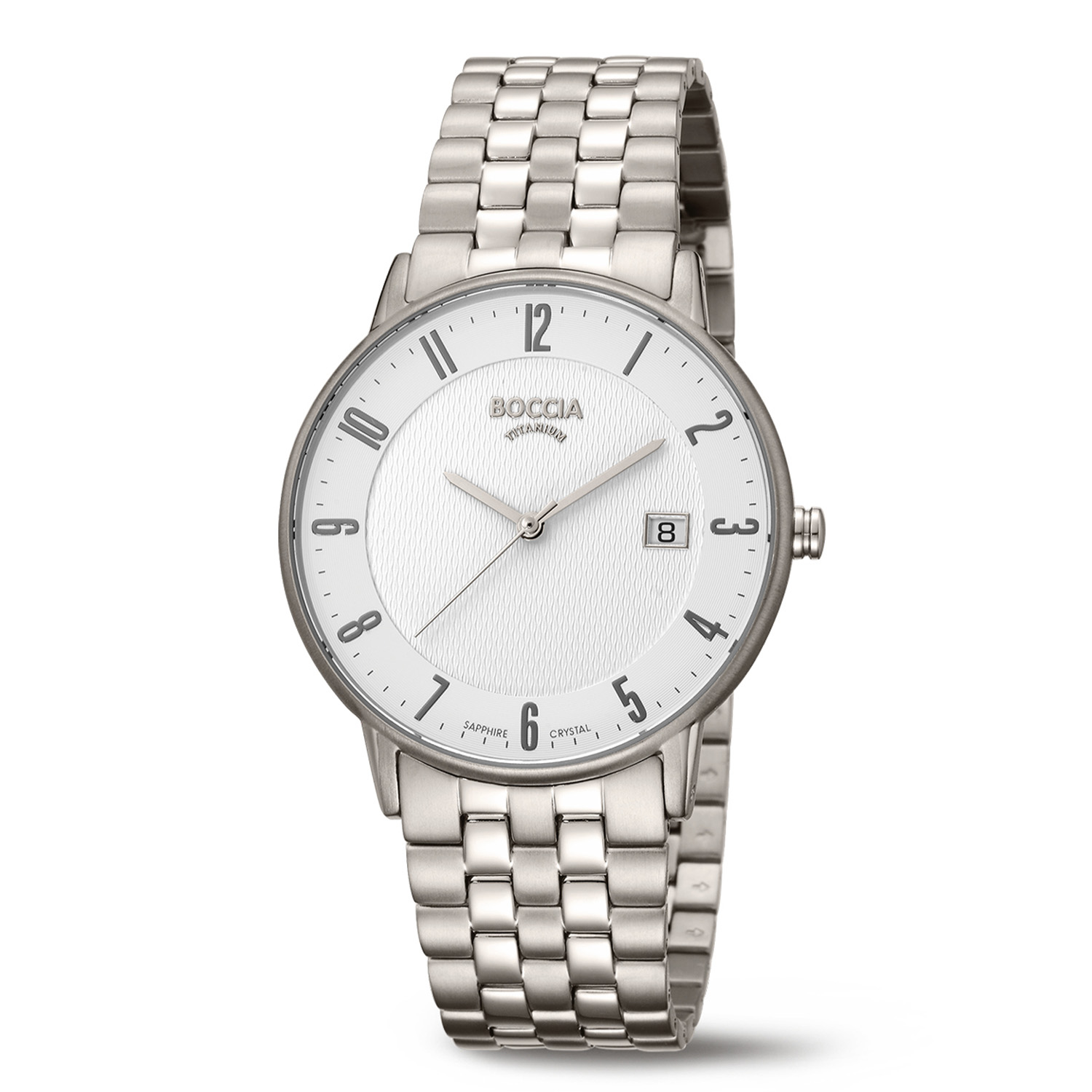 Boccia Titanium 3607-06 Heren Horloge 39mm
Dit herenhorloge van Boccia heeft een nette uitstraling. De 3607-06 heeft een ronde titanium horlogekast met een fijne bezel en een witte wijzerplaat met Romeinse cijfers en een datum. Aan de titanium kast zit een fijne titanium schakelband met een vouwsluiting. Het horloge heeft een doorsnee van 39mm, een saffierglas en is 5ATM. Of je nu sportief of chique gekleed gaat, dit horloge past bij elke outfit en iedere gelegenheid!

HET MERK
Boccia Titanium is het titanium merk van Nederland, dat zijn oorsprong in Duitsland vindt en is opgericht in het jaar 1992. Ontwikkeld door internationale ontwerpers. Alle titanium componenten van de BOCCIA TITANIUM collectie zijn gemaakt van 99,7% puur titanium; het bijzondere materiaal. Het is licht in gewicht, neemt de temperatuur van de huid aan en is zeer huidvriendelijk. Bovendien is het corrosie- en temperatuurbestendig.

SPECIFICATIES
- Saffierglas
- Ø 39mm
- Ronde titanium horlogekast
- Titanium schakelband
- Witte wijzerplaat 
- 5ATM