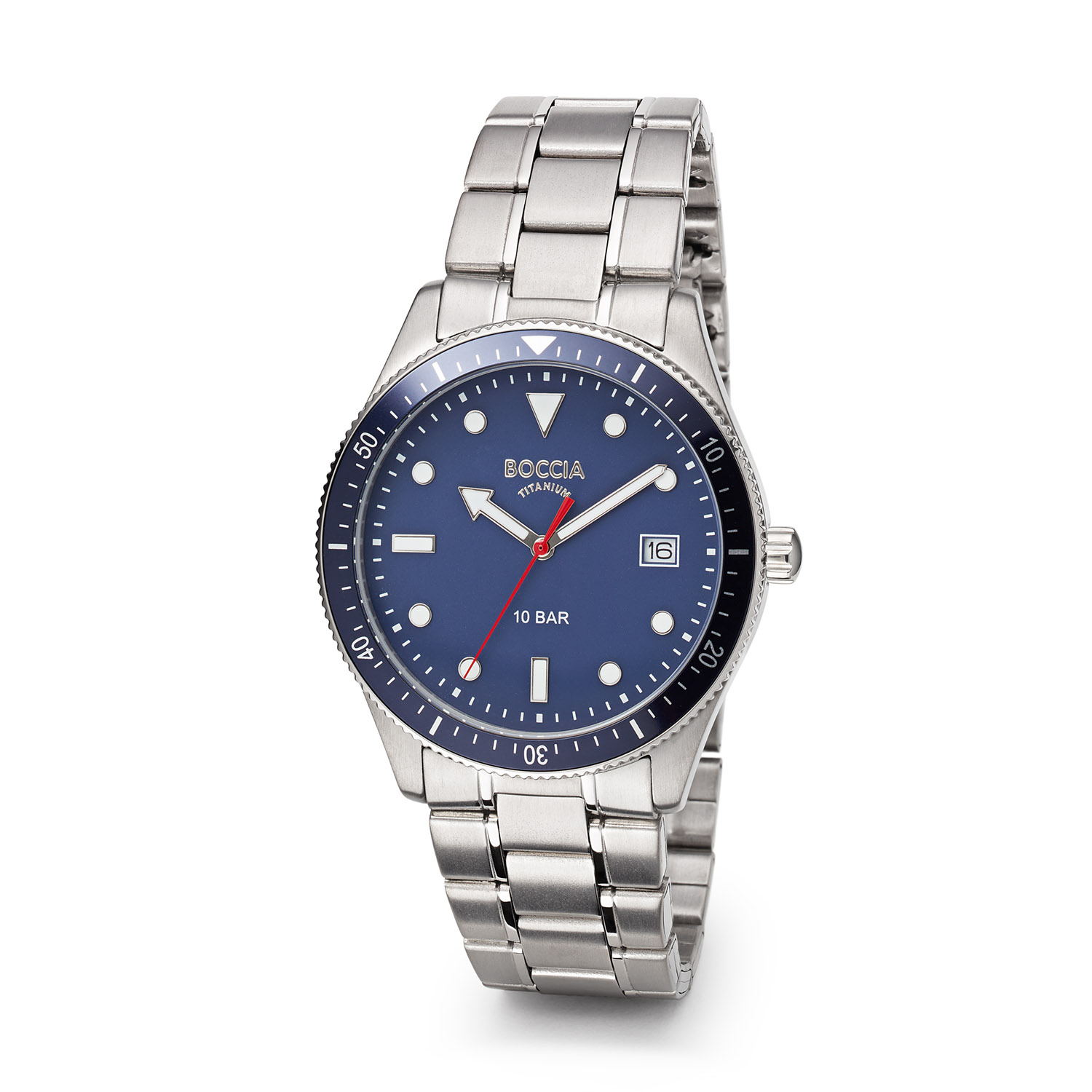 Boccia Titanium 3664-04 Heren Horloge 39mm
Dit herenhorloge van Boccia heeft een stoere uitstraling. De 3664-04 heeft een ronde titanium horlogekast met een blauwe bedrukte draaibare bezel en een blauwe wijzerplaat met opvallende uursaanduiding door de lumibrite en een datum. Aan de titanium kast zit een titanium schakelband met een vouwsluiting. Het horloge heeft een doorsnee van 39mm, een mineraalglas en is 10ATM. Of je nu sportief of chique gekleed gaat, dit horloge past bij elke outfit en iedere gelegenheid!

HET MERK
Boccia Titanium is het titanium merk van Nederland, dat zijn oorsprong in Duitsland vindt en is opgericht in het jaar 1992. Ontwikkeld door internationale ontwerpers. Alle titanium componenten van de BOCCIA TITANIUM collectie zijn gemaakt van 99,7% puur titanium; het bijzondere materiaal. Het is licht in gewicht, neemt de temperatuur van de huid aan en is zeer huidvriendelijk. Bovendien is het corrosie- en temperatuurbestendig.

SPECIFICATIES
- Mineraalglas
- Ø 39mm
- Ronde titanium horlogekast
- Titanium schakelband
- Blauwe wijzerplaat 
- 10ATM