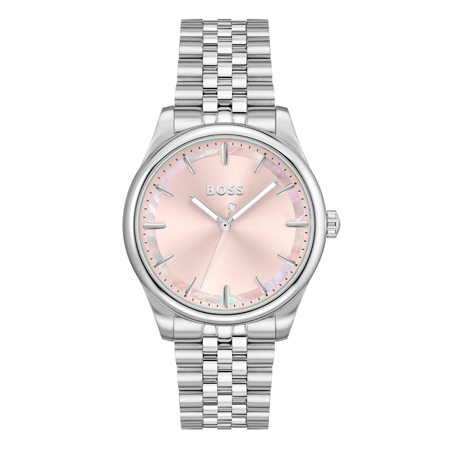 BOSS HB1502776 GRACEFUL Dameshorloge 36mm 
Dit BOSS horloge uit de GRACEFUL serie met artikelnr: HB1502776 heeft een luxe uitstraling. Zeer geschikt voor de moderne stijlvolle vrouw van nu. Het dameshorloge valt op door zijn stalen horlogekast met een gladde bezel en een roze sunray wijzerplaat met een parelmoer buitenrand. Opvallend zijn de fijne wijzers en het strakke BOSS logo. Aan de kast zit een stalen mat glanzende schakelband met een vouwsluiting. Het horloge heeft een doorsnee van 36mm met een mineraalglas en is 3ATM. 

HET MERK:
HUGO BOSS is afgestemd op levensstijlen waar het gaat om kwaliteit en precisie. Het wereldwijde fashionlabel is verdeeld in twee merken: BOSS en HUGO. Het merk BOSS biedt geavanceerde, moderne horloges gericht op kwaliteit en design om een onberispelijke look te creëren – of het nu zakelijk, casual of sportief is. De horloge collectie van BOSS is perfect afgestemd op levensstijlen waar het gaat om kwaliteit en precisie. BOSS is op maat gemaakt in een onberispelijke stijl.

Blijf stijlvol bij de tijd. Voor de BOSS-vrouw is stijl het handelsmerk en draait alles om
details. Breng uw look naar een hoger niveau met onze nieuwe en kenmerkende horlogecollectie.

SPECIFICATIES:
- Mineraalglas
- Ronde kastvorm, Ø 36mm
- Stalen horlogekast
- Roze wijzerplaat
- Stalen schakelband
- 3ATM