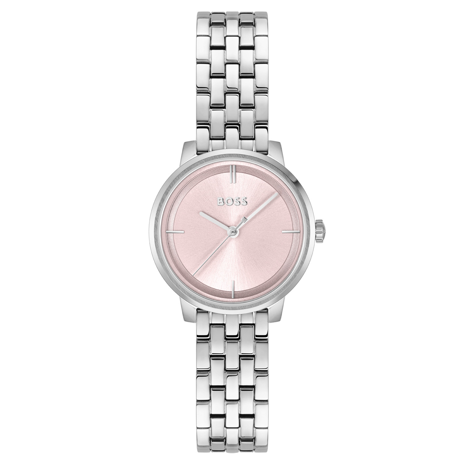 BOSS HB1502819 LUCIA Dameshorloge 28mm
Dit BOSS horloge uit de LUCIA serie met artikelnr: HB1502819 heeft een nette uitstraling. Geef jouw moderne, klassieke business een boost met dit trendy, minimalistische horloge. Een verfijnd model, ontworpen om indruk te maken. Dit dameshorloge valt op door zijn stalen strakke horlogekast met een roze sunray wijzerplaat met gepolijste index en wijzers. Opvallend is het Boss logo. Aan de kast zit een stalen schakelband met een vouwsluiting. Het horloge heeft een doorsnee van 28mm met een mineraalglas en is 3ATM. 

HET MERK:
HUGO BOSS is afgestemd op levensstijlen waar het gaat om kwaliteit en precisie. Het wereldwijde fashionlabel is verdeeld in twee merken: BOSS en HUGO. Het merk BOSS biedt geavanceerde, moderne horloges gericht op kwaliteit en design om een onberispelijke look te cre&euml;ren &ndash; of het nu zakelijk, casual of sportief is. De horloge collectie van BOSS is perfect afgestemd op levensstijlen waar het gaat om kwaliteit en precisie. BOSS is op maat gemaakt in een onberispelijke stijl.

Blijf stijlvol bij de tijd. Voor de BOSS-vrouw is stijl het handelsmerk en draait alles om
details. Breng uw look naar een hoger niveau met onze nieuwe en kenmerkende horlogecollectie.

SPECIFICATIES:
- Mineraalglas
- Ronde kastvorm, 28mm
- Stalen horlogekast
- Roze wijzerplaat
- Stalen schakelband
- 3ATM