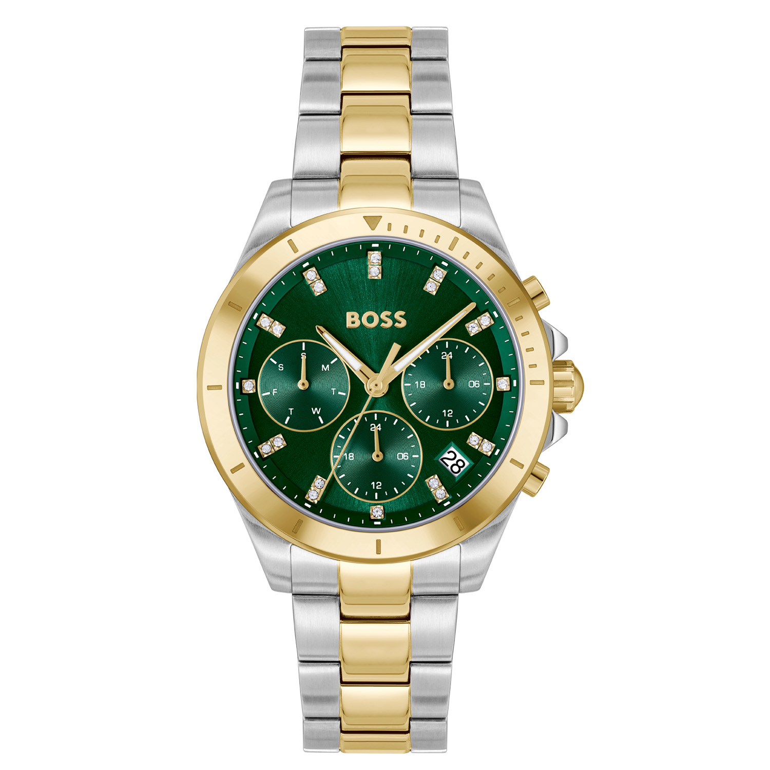 BOSS HB1502827 ALLEY Dameshorloge 36mm
Dit BOSS horloge uit de ALLEY serie met artikelnr: HB1502827 heeft een sportieve uitstraling. Geleend van de jongens is dit horloge meer dan alleen een tijdmeter; het legt de essentie vast van mannelijke elegantie met vrouwelijke charme. ALLEY is een dagelijkse bevestiging van je toewijding om te leiden, te innoveren en te veroveren. Het gaat niet alleen om de tijd bijhouden, maar ook om elk moment te grijpen en er je eigen draai aan te geven. Dit dameshorloge valt op door zijn stalen horlogekast met een goudkleurige bezel en een groene sunray wijzerplaat met een dag, datum en 24-uursaanduiding. De uren worden aangeduidt met kristallen. Aan de kast zit een bicolor schakelband met een vouwsluiting. Het horloge heeft een doorsnee van 36mm met een mineraalglas en is 5ATM. 

HET MERK:
HUGO BOSS is afgestemd op levensstijlen waar het gaat om kwaliteit en precisie. Het wereldwijde fashionlabel is verdeeld in twee merken: BOSS en HUGO. Het merk BOSS biedt geavanceerde, moderne horloges gericht op kwaliteit en design om een onberispelijke look te cre&euml;ren &ndash; of het nu zakelijk, casual of sportief is. De horloge collectie van BOSS is perfect afgestemd op levensstijlen waar het gaat om kwaliteit en precisie. BOSS is op maat gemaakt in een onberispelijke stijl.

Blijf stijlvol bij de tijd. Voor de BOSS-vrouw is stijl het handelsmerk en draait alles om
details. Breng uw look naar een hoger niveau met onze nieuwe en kenmerkende horlogecollectie.

SPECIFICATIES:
- Mineraalglas
- Ronde kastvorm,&Oslash;36mm
- Stalen horlogekast
- Groene wijzerplaat
- Stalen bicolor schakelband
- Kristal  
- 5ATM