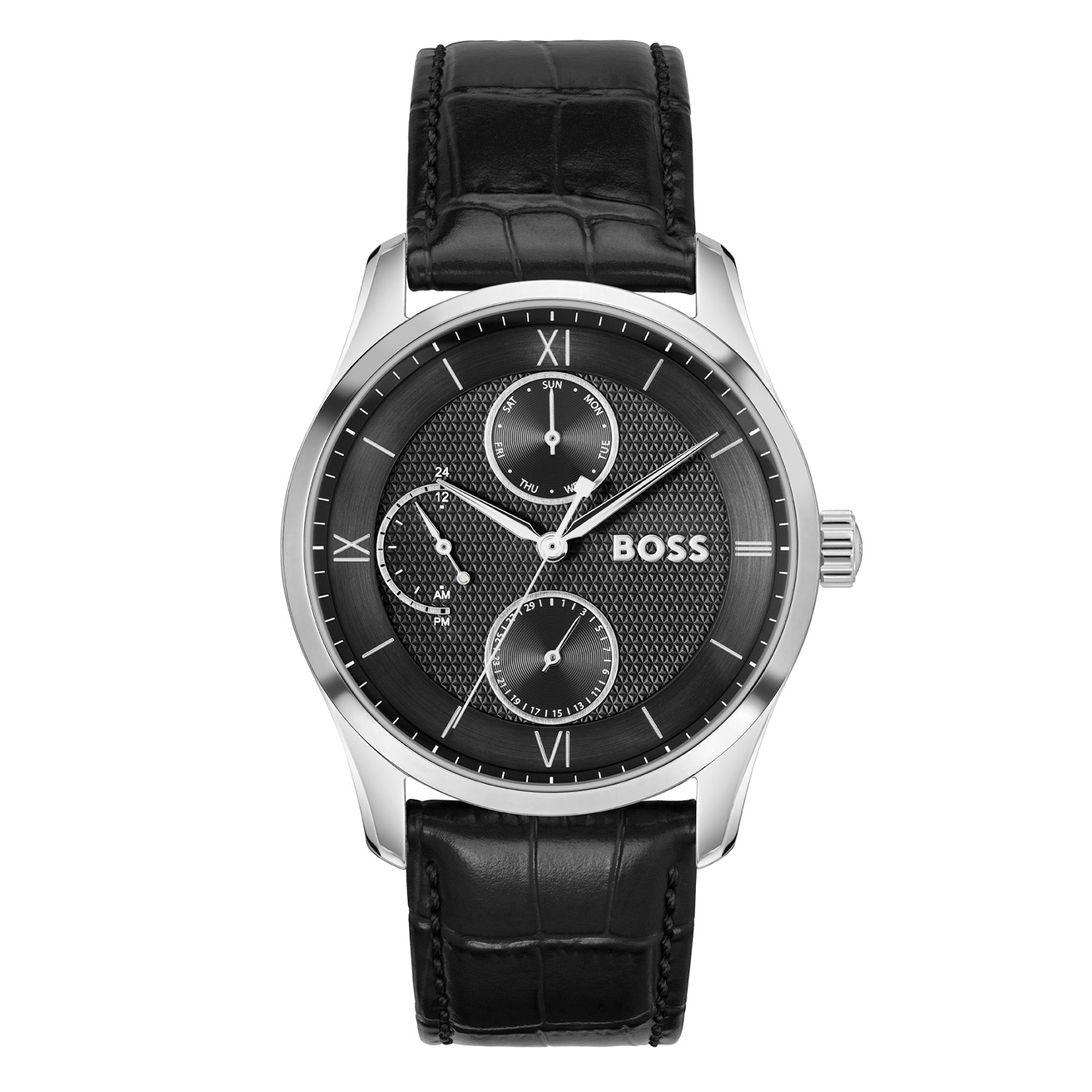 BOSS HB1514272 PRINCIPLE MASTER Herenhorloge 41mm
Dit BOSS horloge uit de PRINCIPLE MASTER serie met artikelnr: HB1514272 heeft een stijlvolle uitstraling. Net als principes die de basis van karakter vormen, is onze PRINCIPLE-collectie het juiste voorbeeld van verfijnde stijl. De tijdloze ontwerpen zorgen ervoor dat het elke
garderobe aanvult en dient als een betrouwbaar en stijlvol accessoire voor elke gelegenheid. Dit herenhorloge valt op door zijn stalen rond gevormde horlogekast met zijn fijn bewerkte zwarte wijzerplaat met een dag, datum en 24-uursaanduiding. Opvallend zijn de sierlijke wijzers en deels romeinse becijfering. Aan de kast zit een zwarte lerenband met een gespsluiting. Het horloge heeft een doorsnee van 41mm met een mineraalglas en is 5ATM. 

HET MERK:
HUGO BOSS is afgestemd op levensstijlen waar het gaat om kwaliteit en precisie. Het wereldwijde fashionlabel is verdeeld in twee merken: BOSS en HUGO. Het merk BOSS biedt geavanceerde, moderne horloges gericht op kwaliteit en design om een onberispelijke look te cre&euml;ren &ndash; of het nu zakelijk, casual of sportief is. De horloge collectie van BOSS is perfect afgestemd op levensstijlen waar het gaat om kwaliteit en precisie. BOSS is op maat gemaakt in een onberispelijke stijl.

Blijf stijlvol bij de tijd. Voor de BOSS-vrouw is stijl het handelsmerk en draait alles om
details. Breng uw look naar een hoger niveau met onze nieuwe en kenmerkende horlogecollectie.

SPECIFICATIES:
- Mineraalglas
- Ronde kastvorm, &Oslash; 41mm
- Stalen horlogekast
- Zwarte wijzerplaat
- Zwarte lerenband
- Dag, datum en 24-uursaanduiding
- 5ATM