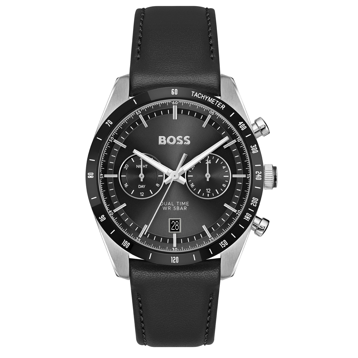 BOSS HB1514284 TOURMASTER Herenhorloge 41mm
Dit BOSS horloge uit de TOURMASTER serie met artikelnr: HB1514284 heeft een luxe sportieve uitstraling. Meer dan een horlogeaccessoire is dit horloge een symbool van sportieve luxe stijl en de sensatie van de tijd. Verrijk uw pols met een horloge dat de essentie van racen belichaamt, waar snelheid en verfijning samenkomen in een naadloze combinatie van vorm en functie. Dit herenhorloge valt op door zijn stalen horlogekast met een zwarte bezel met een tachymeter en zijn zwarte sunray wijzerplaat met dubbele tijdsaanduiding en een datum. Opvallend zijn de fijne wijzers, grijze subeyes en fijne uurstrepen. Aan de kast zit een zwarte lerenband met een gespsluiting. Het horloge heeft een doorsnee van 41mm met een mineraalglas en is 5ATM. 

HET MERK:
HUGO BOSS is afgestemd op levensstijlen waar het gaat om kwaliteit en precisie. Het wereldwijde fashionlabel is verdeeld in twee merken: BOSS en HUGO. Het merk BOSS biedt geavanceerde, moderne horloges gericht op kwaliteit en design om een onberispelijke look te creëren – of het nu zakelijk, casual of sportief is. De horloge collectie van BOSS is perfect afgestemd op levensstijlen waar het gaat om kwaliteit en precisie. BOSS is op maat gemaakt in een onberispelijke stijl.

Blijf stijlvol bij de tijd. Voor de BOSS-vrouw is stijl het handelsmerk en draait alles om
details. Breng uw look naar een hoger niveau met onze nieuwe en kenmerkende horlogecollectie.

SPECIFICATIES:
- Mineraalglas
- Ronde kastvorm, Ø 41mm
- Stalen horlogekast
- Zwarte wijzerplaat
- Zwarte lerenband
- Dubbele tijdsaanduiding en datum
- 5ATM