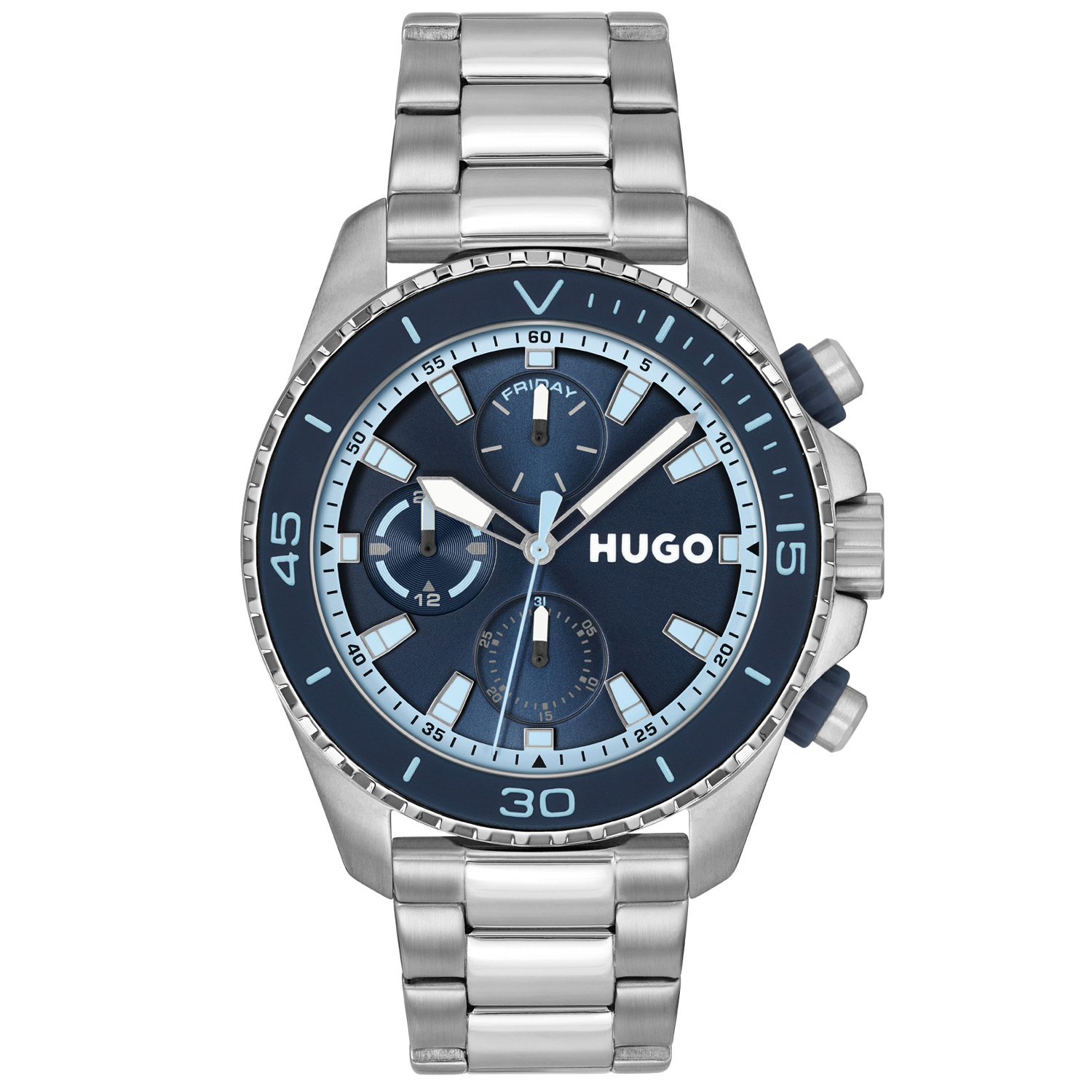 HUGO HU1530429 #DIVE 44mm
Dit HUGO horloge uit de DIVE serie met artikelnr. HU1530429 is ontworpen voor de man die zijn stijl gebruikt om zijn unieke persoonlijkheid uit te drukken. Het herenhorloge kenmerkt zich door zijn ronde stalen horlogekast met bewerkte bezel. Het ontwerp is opvallend vanwege zijn stoere 'kijk mij nou eens' uitstaling en de wijzers met lumibrite op de blauwe sunray wijzerplaat. Het herenhorloge heeft een dag,- datum,- en 24-uursaanduiding. Aan de kast zit een stalen strak ogende schakelband met een vouwsluiting. Het sportief stoer ogende herenhorloge heeft een mineraalglas, een beschermde kroon, een doorsnee van 44mm en is 5ATM.

HET MERK:
HUGO BOSS is afgestemd op levensstijlen waar het gaat om kwaliteit en precisie. Het wereldwijde fashionlabel is verdeeld in twee merken: BOSS en HUGO. Het merk HUGO presenteert eigentijdse en vooruitstrevende designs volgens de laatste fashion trends waarmee mensen worden gestimuleerd om zichzelf te zijn. Scherp maatwerk en casual horloges gecombineerd met een progressieve attitude. HUGO horloges zijn er voor de urban en ruimdenkende man die de leiding durft te nemen. De enige regel van de HUGO-man als het om stijl gaat: zijn authentieke zelf en niets anders.

Maak kennis met de nieuwe horlogecollectie van HUGO.

SPECIFICATIES:
- Mineraalglas
- Ronde kastvorm, Ø 44mm
- Stalen horlogekast
- Blauwe wijzerplaat
- Stalen schakelband
- 5ATM