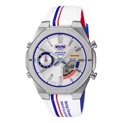 Dit Casio horloge behoort tot de Edifice collectie en is een heritage editie in samenwerking met Nismo.
Referentienummer: ECB-S10NIS-7AER

Dit gelimiteerde horloge is het resultaat van een samenwerking tussen Casio, Nissan en NISMO en is een eerbetoon aan alles wat NISMO, het fabrieksteam van Nissan, heeft bereikt sinds de oprichting in 1984. 

Dit scherpe en opvallende horloge heeft opvallende kenmerken zoals het originele NISMO-logo en een wijzerplaat en horlogeband in het levendige driekleurendesign van het fabrieksteam. Het blauw en rood van het driekleurenschema komt terug aan de onderkant van de horlogeband en de strepen van het originele NISMO-uniform zijn gereproduceerd op de lus van de horlogeband. De horlogebandband is ook bedrukt met de namen van NISMO-kampioenen tussen 1984 en 1997, als eerbetoon aan zowel de gevierde raceauto's als het team dat ze tot glorie bracht. 

Het logo middenboven op de wijzerplaat gloeit op in het donker en doet denken aan de fluorescerende autonummers die werden gebruikt door de Groep C raceauto's die door het zwart van de nacht raasden tijdens 24-uurs endurance races. Een unieke interpretatie van het polshorloge op het oranje windscherm van de Nissan Skyline R32 voegt een bijzonder tintje toe aan het ontwerp van de wijzerplaat. Nauwkeurige details zoals deze vormen een eerbetoon aan de NISMO-raceauto's door en door.

Dit speciale uurwerk levert ook prestaties op het gebied van technologie. Synchroniseren met je smartphone via Bluetooth® is een fluitje van een cent. Tik op de app voor automatisch aangepaste precisietiming en beheer moeiteloos de bediening van je horloge op je telefoon - betrouwbare functies waar raceteams op vertrouwen als ze elke seconde moeten laten tellen. De dunne, lichtgewicht kast van 9,6 mm zorgt voor een comfortabele pasvorm, terwijl het saffierglas en de 10-bar waterdichtheid een verfijnde kwaliteit uitstralen.

Geniet van de passie en glorie van NISMO met de EDIFICE NISMO heritage collectie.