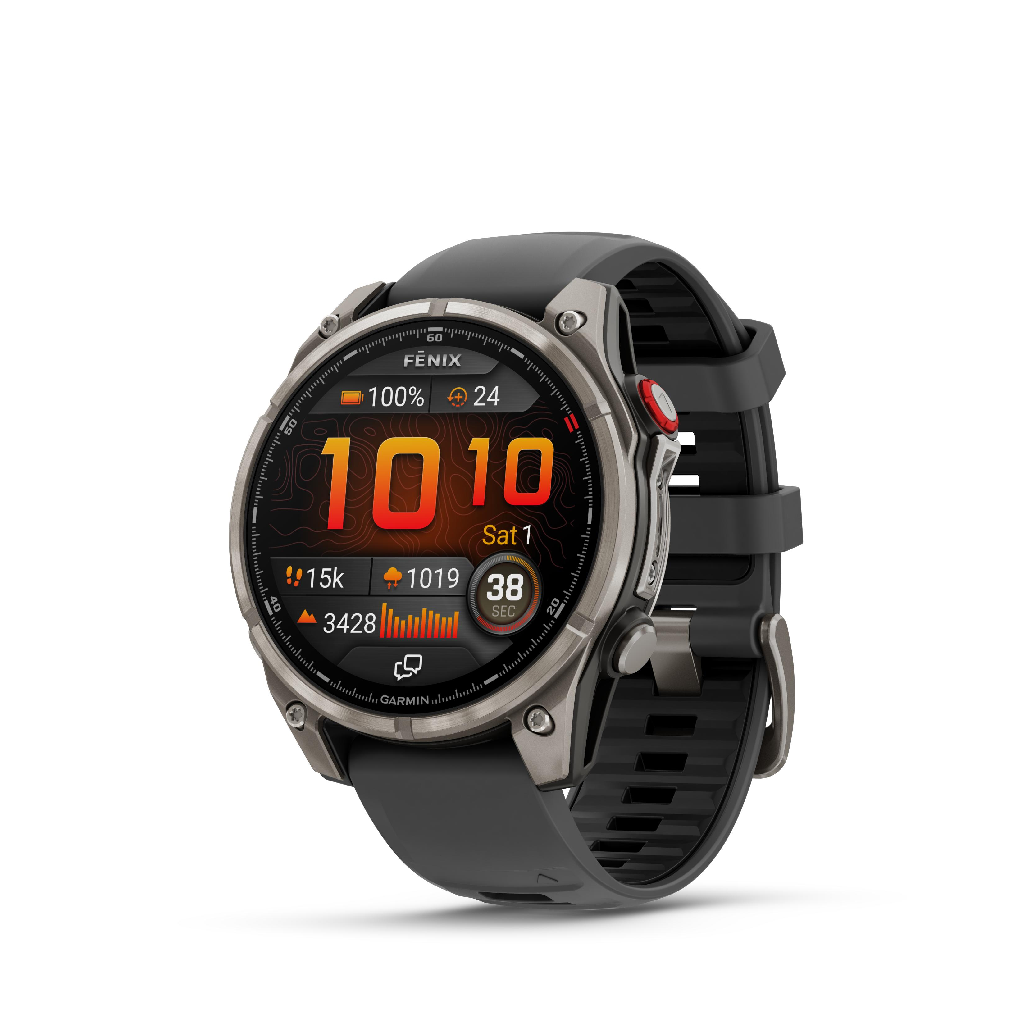 Deze Garmin smartwatch behoort tot de Fenix 8 Pro collectie
Referentienummer: 010-03198-11

Deze Garmin smartwatch is nog verder ontwikkeld dan zijn voorgangers. Het multisport GPS horloge is speciaal ontworpen voor atleten en avonturiers die het onprakitsch vinden om een telefoon mee te nemen. Wanneer je op off-grid locaties komt, tot wel 50 mijl uit de kust, kun je met de inReach technologie van het horloge berichten verzenden en locatie-check-ins ophalen zodra je een satellietverbinding tot stand hebt gebracht, zonder dat je een telefoonverbinding nodig hebt. 
Ga je hardlopen? Zwemmen? Laat je telefoon achter en gebruik de LTE-verbinding van je horloge1 om berichten uit te wisselen en spraakoproepen te doen. Laat je vrienden je volgen door je locatie te delen met LiveTrack™ en locatie check-ins met behulp van de Garmin messenger™ app. Je hebt zelfs toegang tot de weersomstandigheden en weersverwachtingen.

Krijg nog meer inzicht in je gezondheid met het nieuwe evening report: Bereid je voor op morgen voordat je naar bed gaat met een herinnering aan je slaapbehoefte en de workout, het weer en evenementen van morgen. De smartwatch is ook voorzien van de nieuwe ECG-app**, de app maakt gebruik van sensoren om de elektrische signalen te registreren die je hartslag bepalen. Deze registratie wordt geanalyseerd om tekenen te ontdekken van een onregelmatig hartritme dat atriumfibrilleren (AFib) wordt genoemd.

Met een duikclassificatie van 40 meter, lekvrije metalen knoppen en ondersteuning voor duikactiviteiten op het gebied van scubaduiken en apneu kun je nieuwe diepten bereiken. Het horloge heeft een batterijduur van 15 dagen in smartwatch- modus en tot wel 8 dagen in always- on modus.

