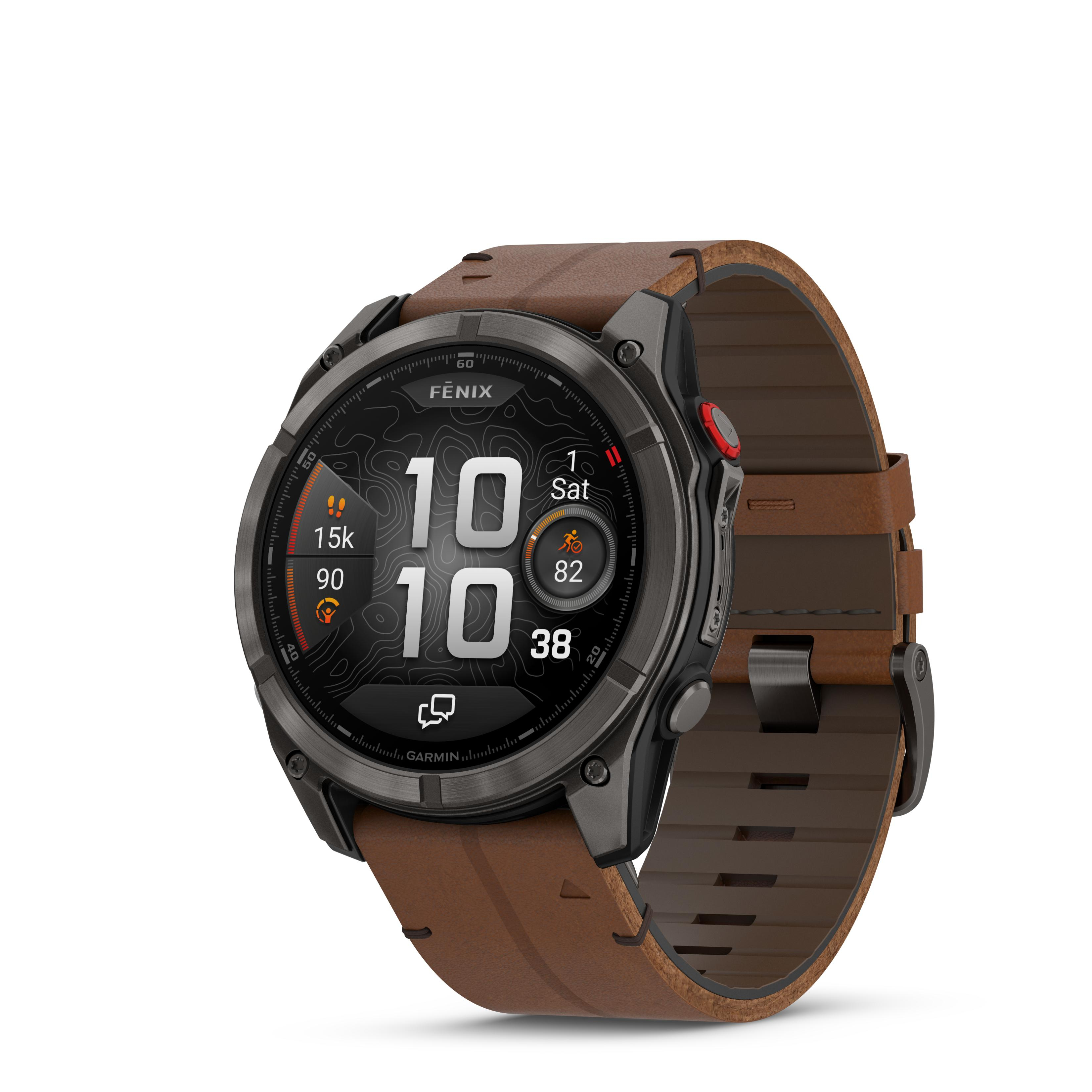 Deze Garmin smartwatch behoort tot de Fenix 8 pro collectie.
Referentienummer: 010-03199-40 

Deze Garmin smartwatch is nog verder ontwikkeld dan zijn voorgangers. Het multisport GPS horloge is speciaal ontworpen voor atleten en avonturiers die het onprakitsch vinden om een telefoon mee te nemen. Wanneer je op off-grid locaties komt, tot wel 50 mijl uit de kust, kun je met de inReach technologie van het horloge berichten verzenden en locatie-check-ins ophalen zodra je een satellietverbinding tot stand hebt gebracht, zonder dat je een telefoonverbinding nodig hebt. 
Ga je hardlopen? Zwemmen? Laat je telefoon achter en gebruik de LTE-verbinding van je horloge1 om berichten uit te wisselen en spraakoproepen te doen. Laat je vrienden je volgen door je locatie te delen met LiveTrack™ en locatie check-ins met behulp van de Garmin messenger™ app. Je hebt zelfs toegang tot de weersomstandigheden en weersverwachtingen.

Krijg nog meer inzicht in je gezondheid met het nieuwe evening report: Bereid je voor op morgen voordat je naar bed gaat met een herinnering aan je slaapbehoefte en de workout, het weer en evenementen van morgen. De smartwatch is ook voorzien van de nieuwe ECG-app**, de app maakt gebruik van sensoren om de elektrische signalen te registreren die je hartslag bepalen. Deze registratie wordt geanalyseerd om tekenen te ontdekken van een onregelmatig hartritme dat atriumfibrilleren (AFib) wordt genoemd.

Met een duikclassificatie van 40 meter, lekvrije metalen knoppen en ondersteuning voor duikactiviteiten op het gebied van scubaduiken en apneu kun je nieuwe diepten bereiken. Het horloge heeft een batterijduur van 27 dagen in smartwatch- modus en tot wel 15 dagen in always- on modus. Het horloge wordt geleverd met een bruine lederen band en een zwarte rubberen band.
