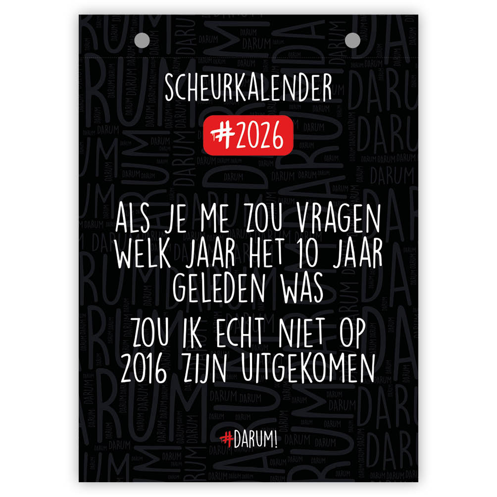 Niet te missen: de volgende editie van de Darum Scheurkalender! Boordevol grappige quotes én alle officiele feest- en vakantiedagen van Nederland en België. Bijzonder leuk om kado te geven of te krijgen!
Formaat: 13 x 18 cm