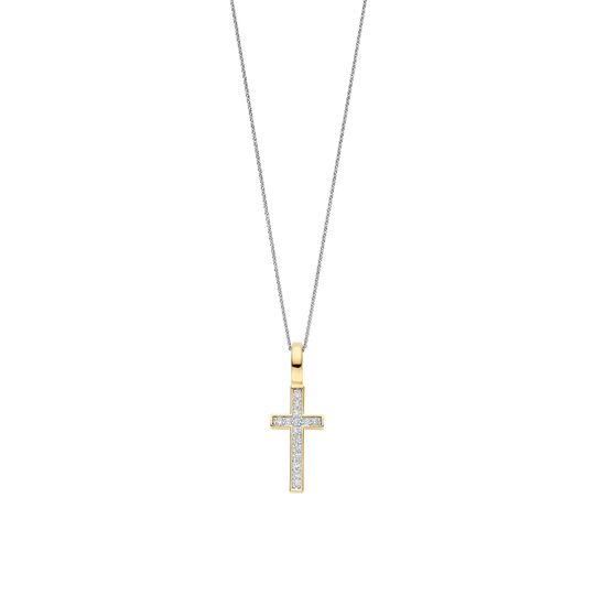 Vier blijvende schoonheid met deze TI SENTO vergulde kruis-hanger 6857ZY. Deze hanger is vervaardigd uit 925 sterling zilver en afgewerkt met een stralende goudkleurige vergulding. Het kruis-silhouet is pavé gezet met briljante zirconia en schittert met ingetogen kracht en helderheid. Het contrast tussen warm goud en lichtgevende stenen brengt tijdloze symboliek in verfijnde balans. Nikkelvrij en hypoallergeen, hij biedt zowel betekenis als blijvend draagcomfort. De hanger wordt geleverd met een verfijnd zilver collier.


