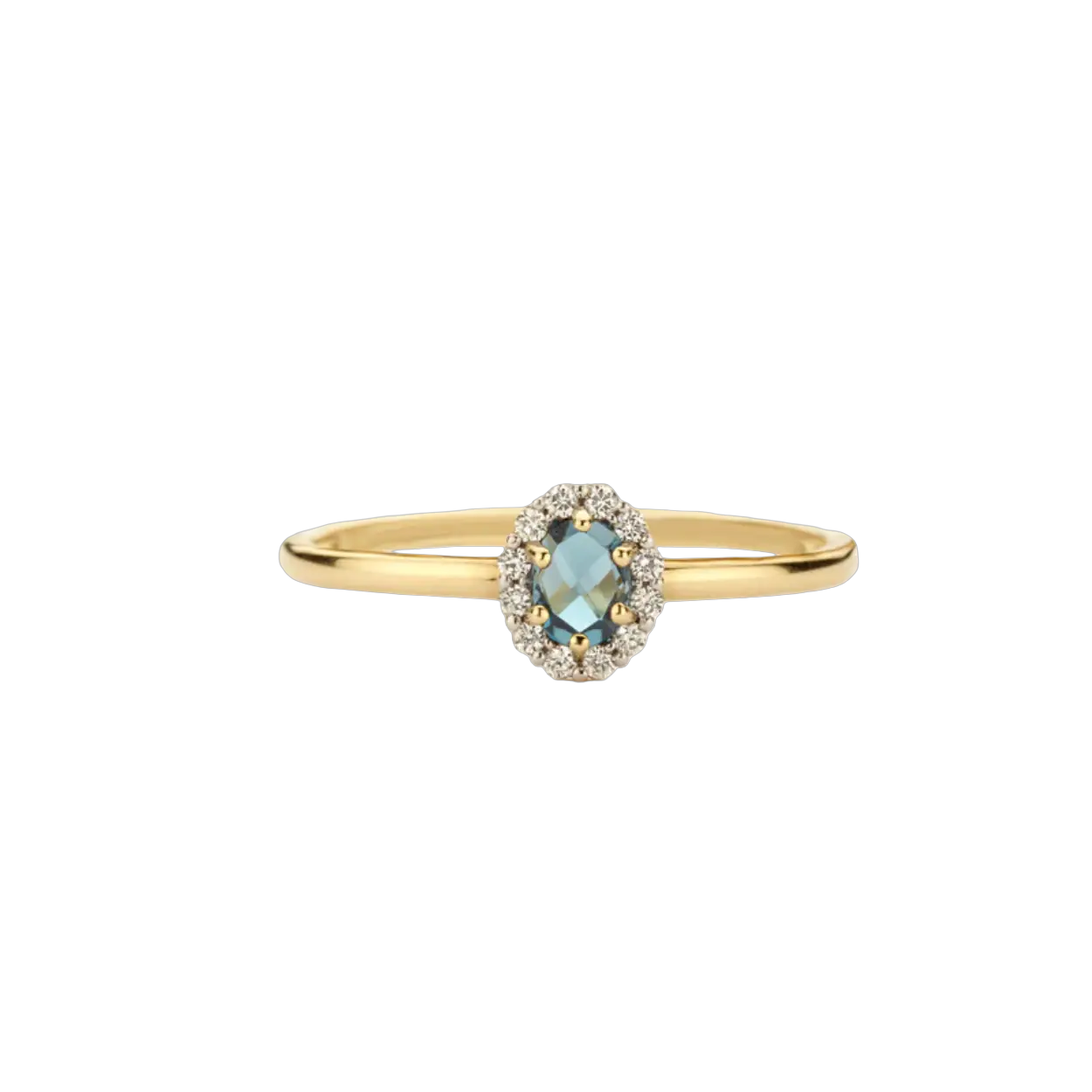 Blush ring geelgoud 14k met blauwe topaas en rondom gezet met zirkonia