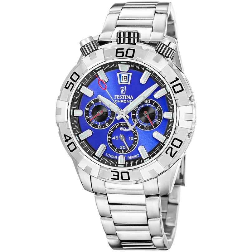 sporty men's watch in a new design with buttons on the top of the case
chronograph with quartz movement Cal. Movimiento Vd57c
battery SR920SW
date display at the 12 o'clock position
blue sunray dial with three subdials
stopwatch function in 1/10-second increments
luminescent, silver-tone hands and indices
central second hand
partially matte-finished 316L stainless steel case
bezel with black minute markers
engraved case back secured with four screws
crown and two buttons on the top of the case
scratch-insensitive mineral crystal
adjustable stainless steel link bracelet, matte/polished
safety folding clasp with engraved logo
water resistant up to 10 bar
case diameter 45 mm
case height 14 mm
weight 179 g
comes in a Festina watch box